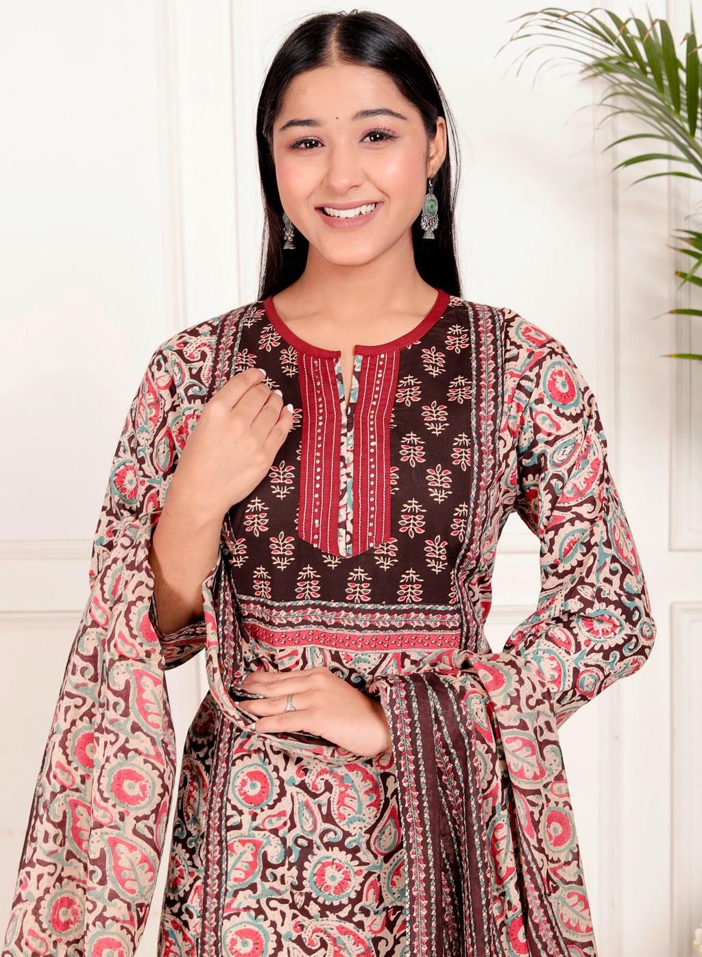 Floral Block Print Cotton Kurta Pant Dupatta Set – Maroon & Teal Ethnic Suit for Women