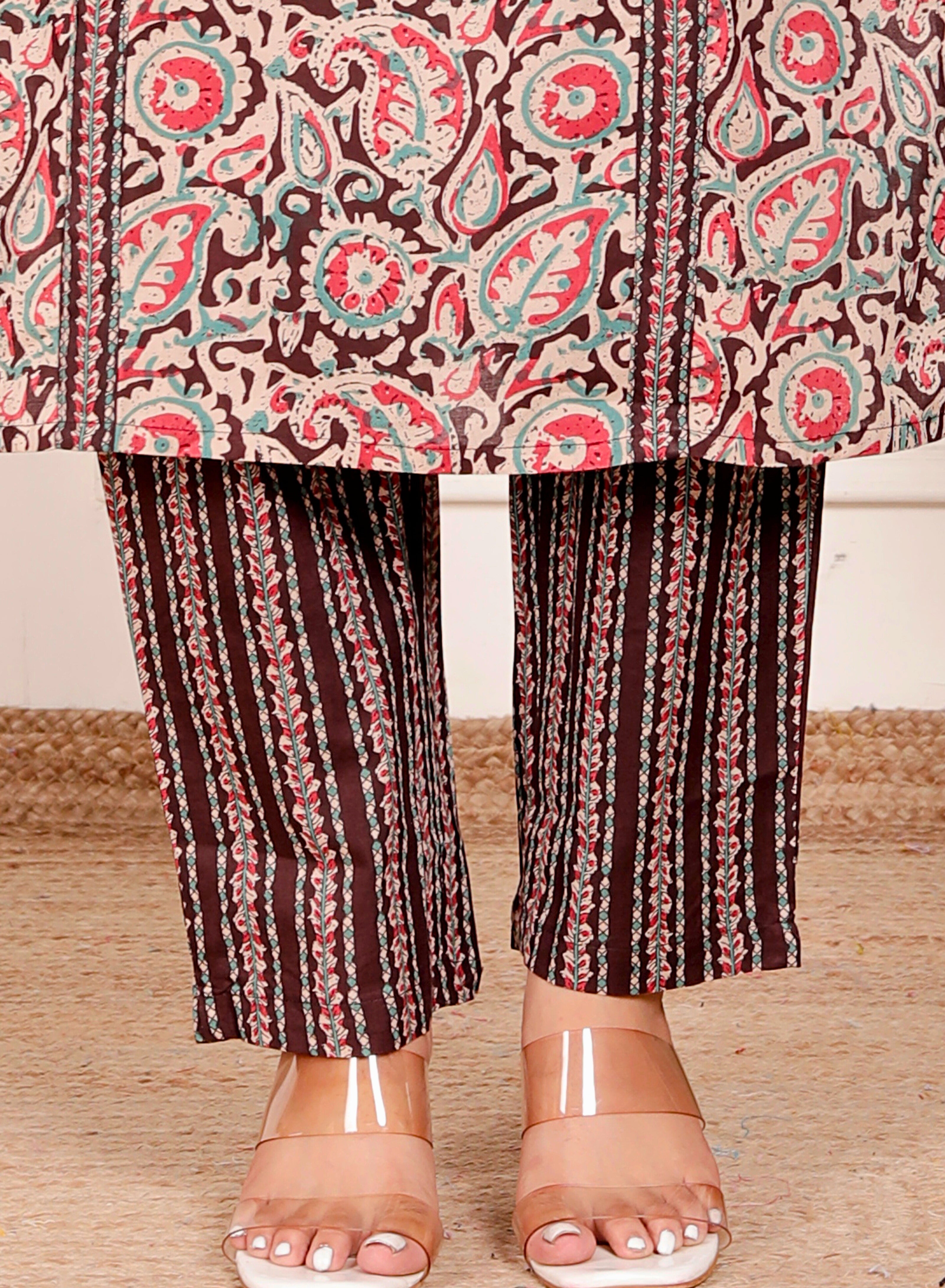 Floral Block Print Cotton Kurta Pant Dupatta Set – Maroon & Teal Ethnic Suit for Women