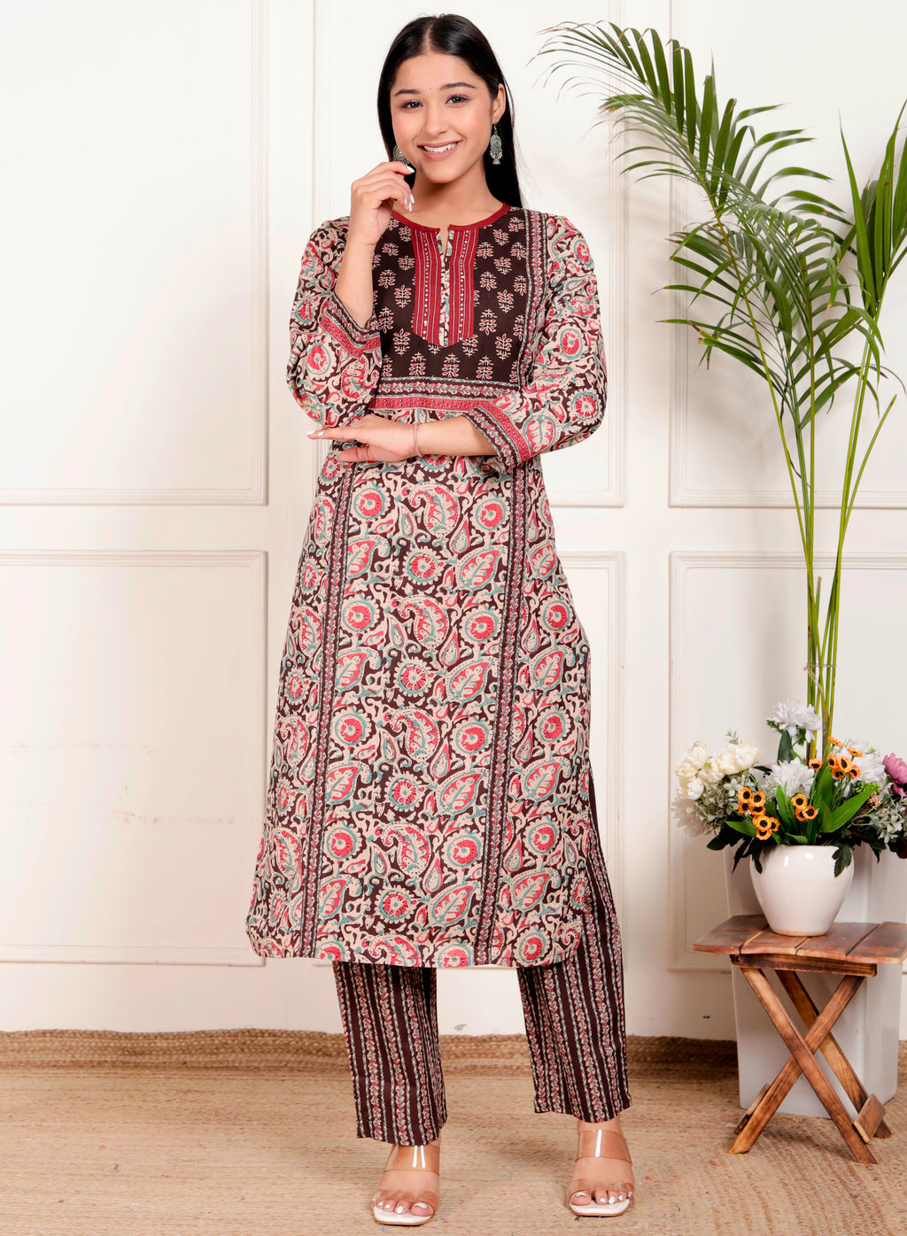 Floral Block Print Cotton Kurta Pant Dupatta Set – Maroon & Teal Ethnic Suit for Women