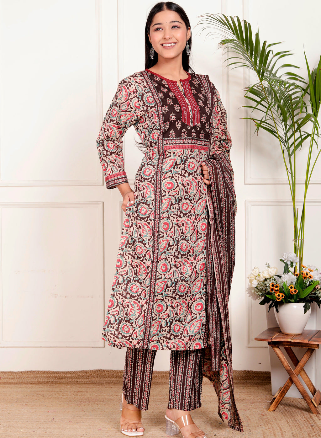 Floral Block Print Cotton Kurta Pant Dupatta Set – Maroon & Teal Ethnic Suit for Women