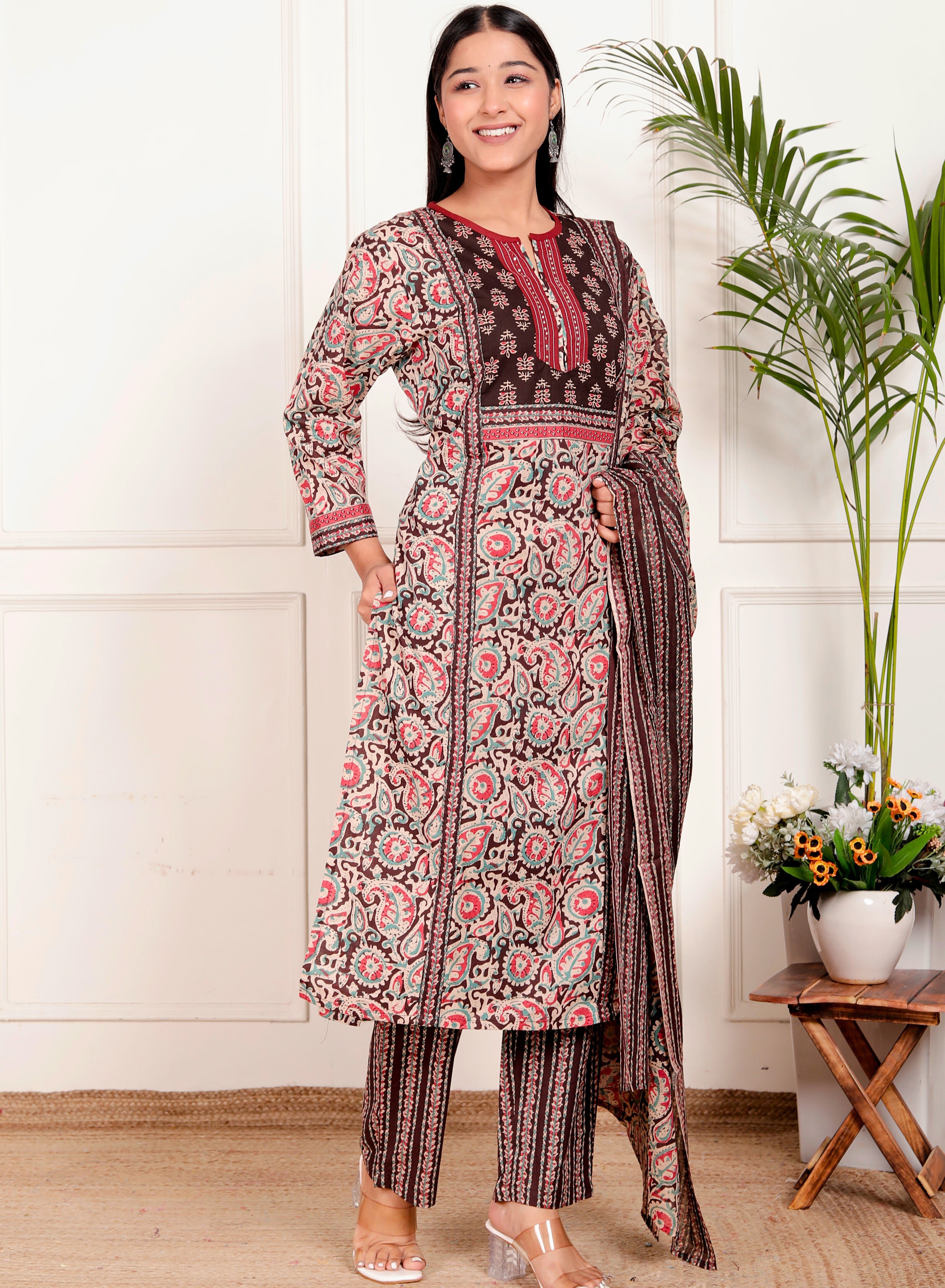 Floral Block Print Cotton Kurta Pant Dupatta Set – Maroon & Teal Ethnic Suit for Women