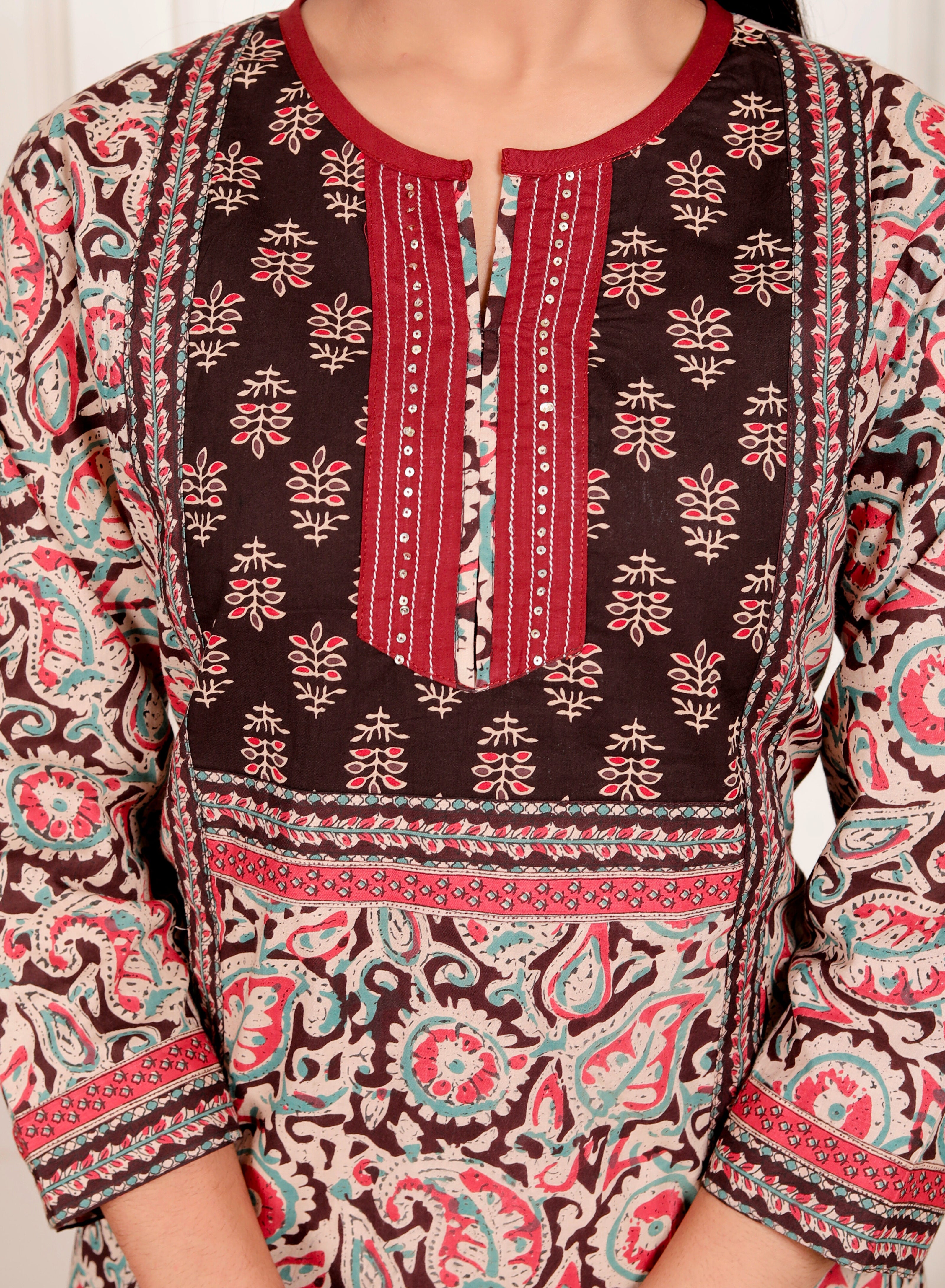 Floral Block Print Cotton Kurta Pant Dupatta Set – Maroon & Teal Ethnic Suit for Women