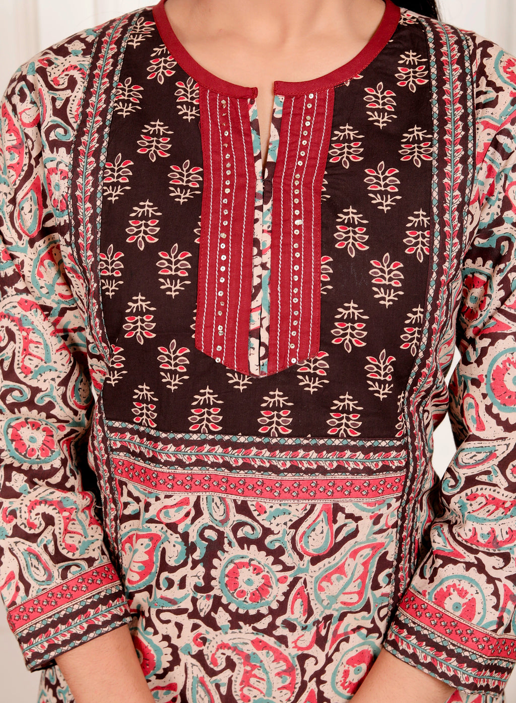 Floral Block Print Cotton Kurta Pant Dupatta Set – Maroon & Teal Ethnic Suit for Women