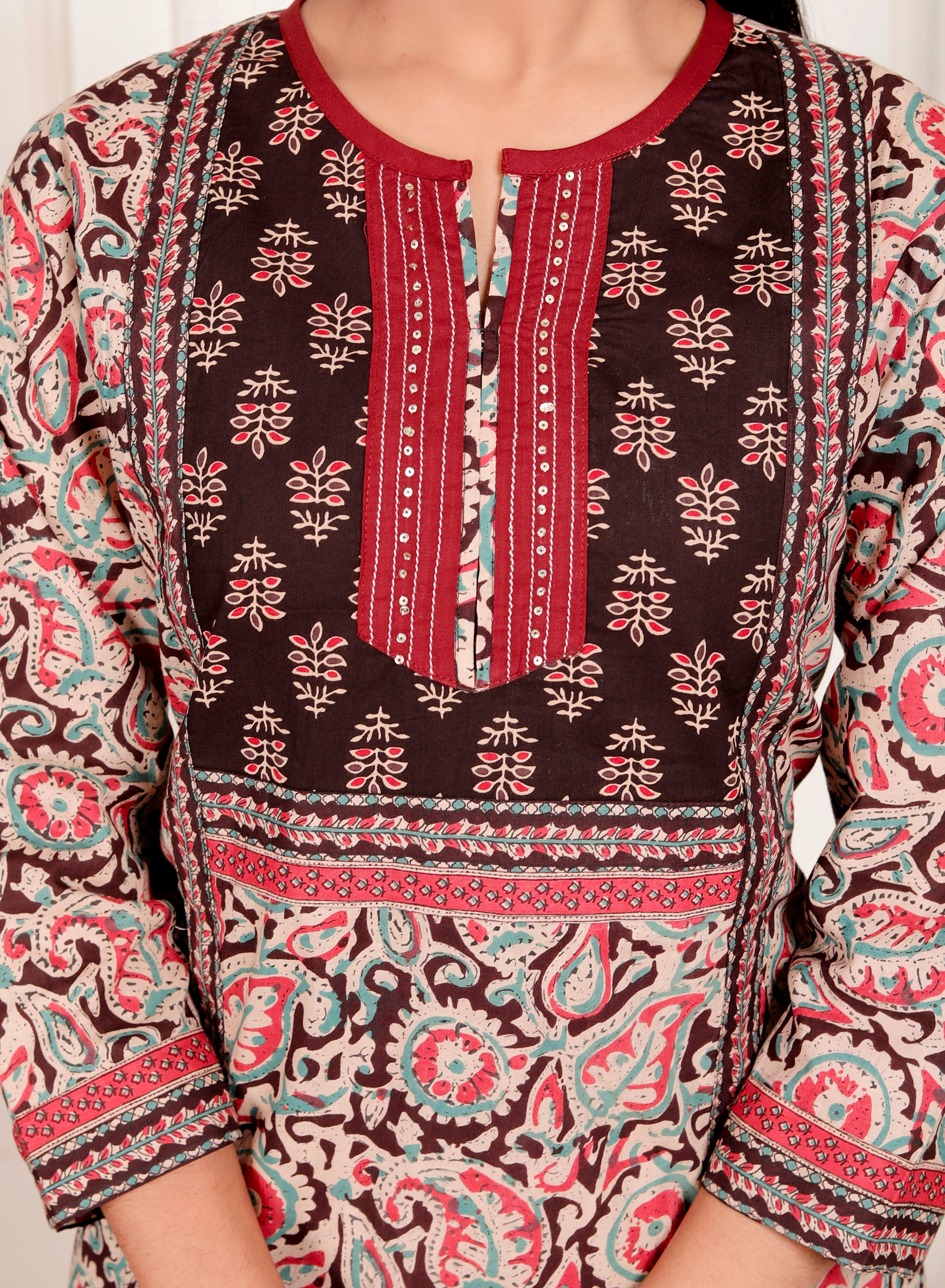 Floral Block Print Cotton Kurta Pant Dupatta Set – Maroon & Teal Ethnic Suit for Women