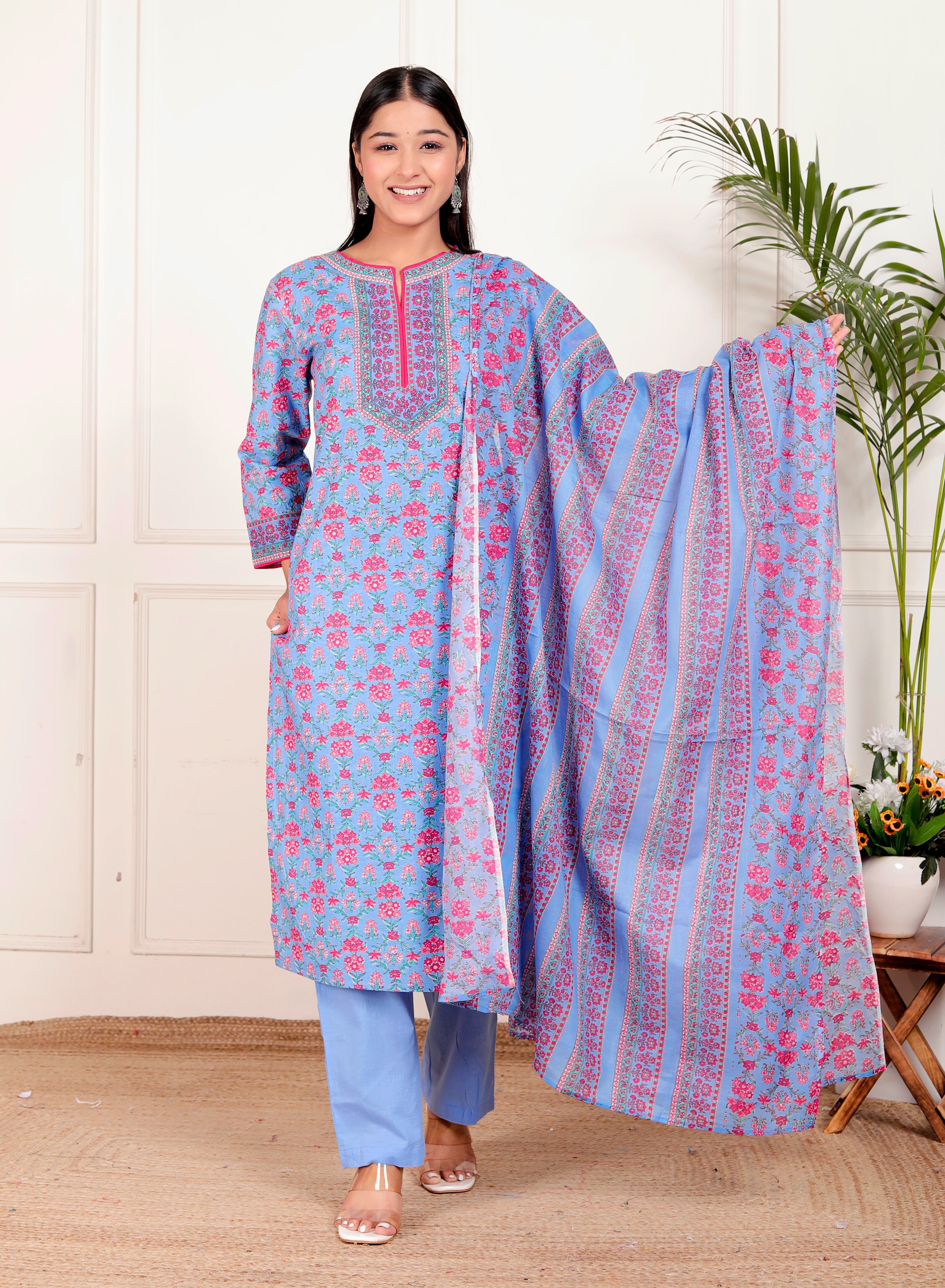 Sky Blue Cotton Kurta Pant Dupatta Set – Pink Floral Printed Ethnic Wear for Women
