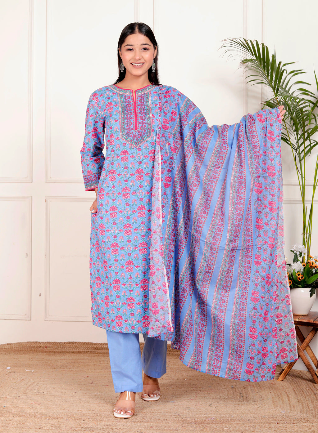 Sky Blue Cotton Kurta Pant Dupatta Set – Pink Floral Printed Ethnic Wear for Women