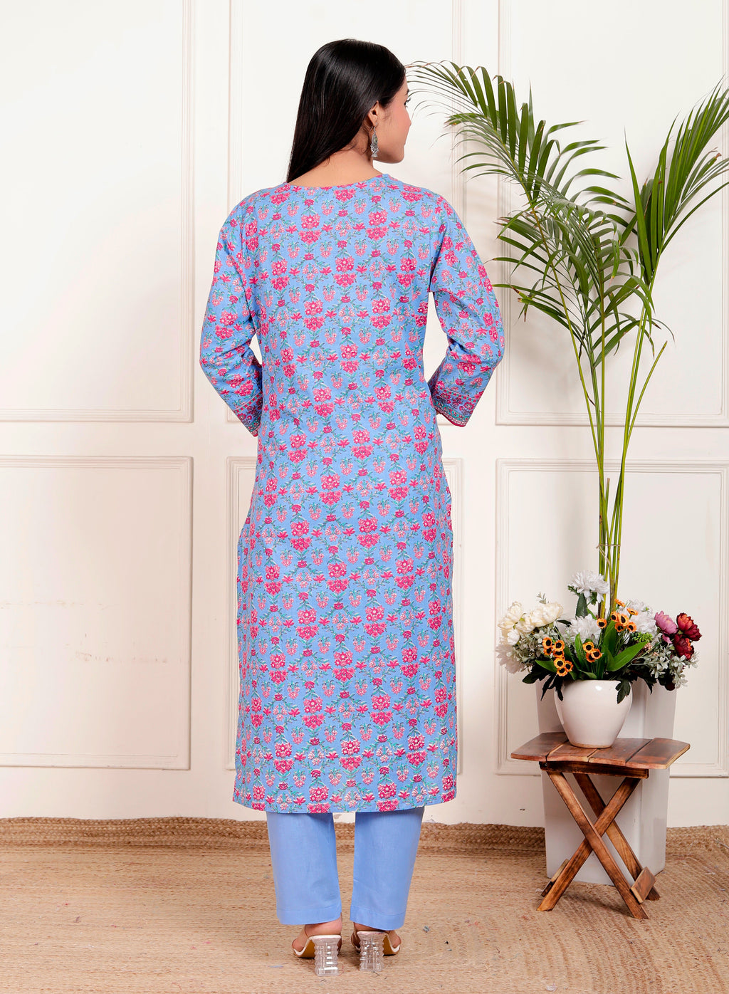 Sky Blue Cotton Kurta Pant Dupatta Set – Pink Floral Printed Ethnic Wear for Women