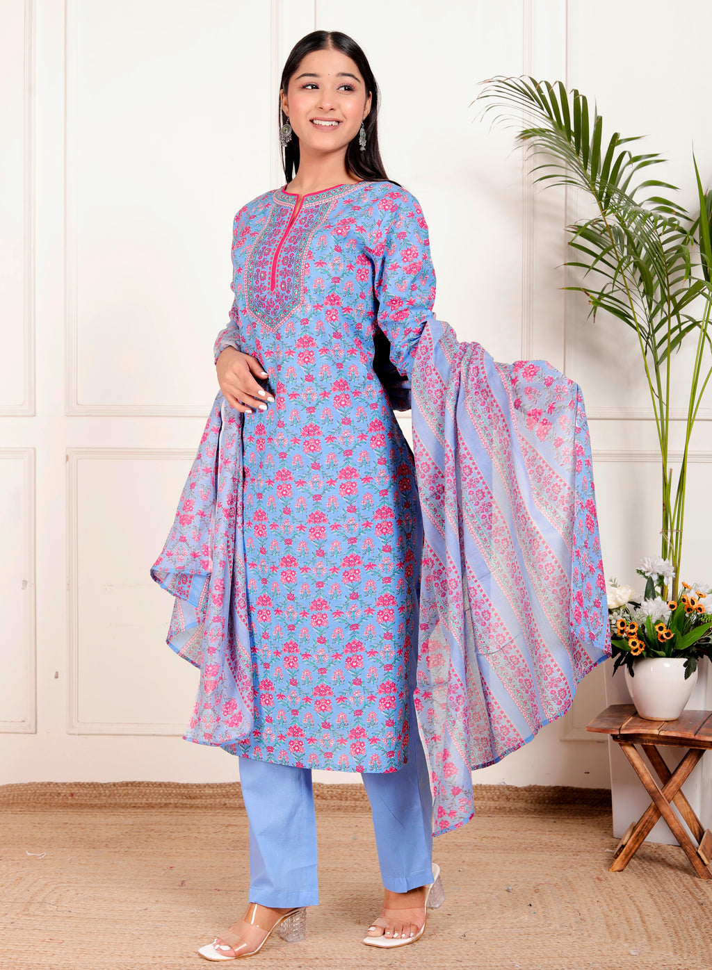 Sky Blue Cotton Kurta Pant Dupatta Set – Pink Floral Printed Ethnic Wear for Women