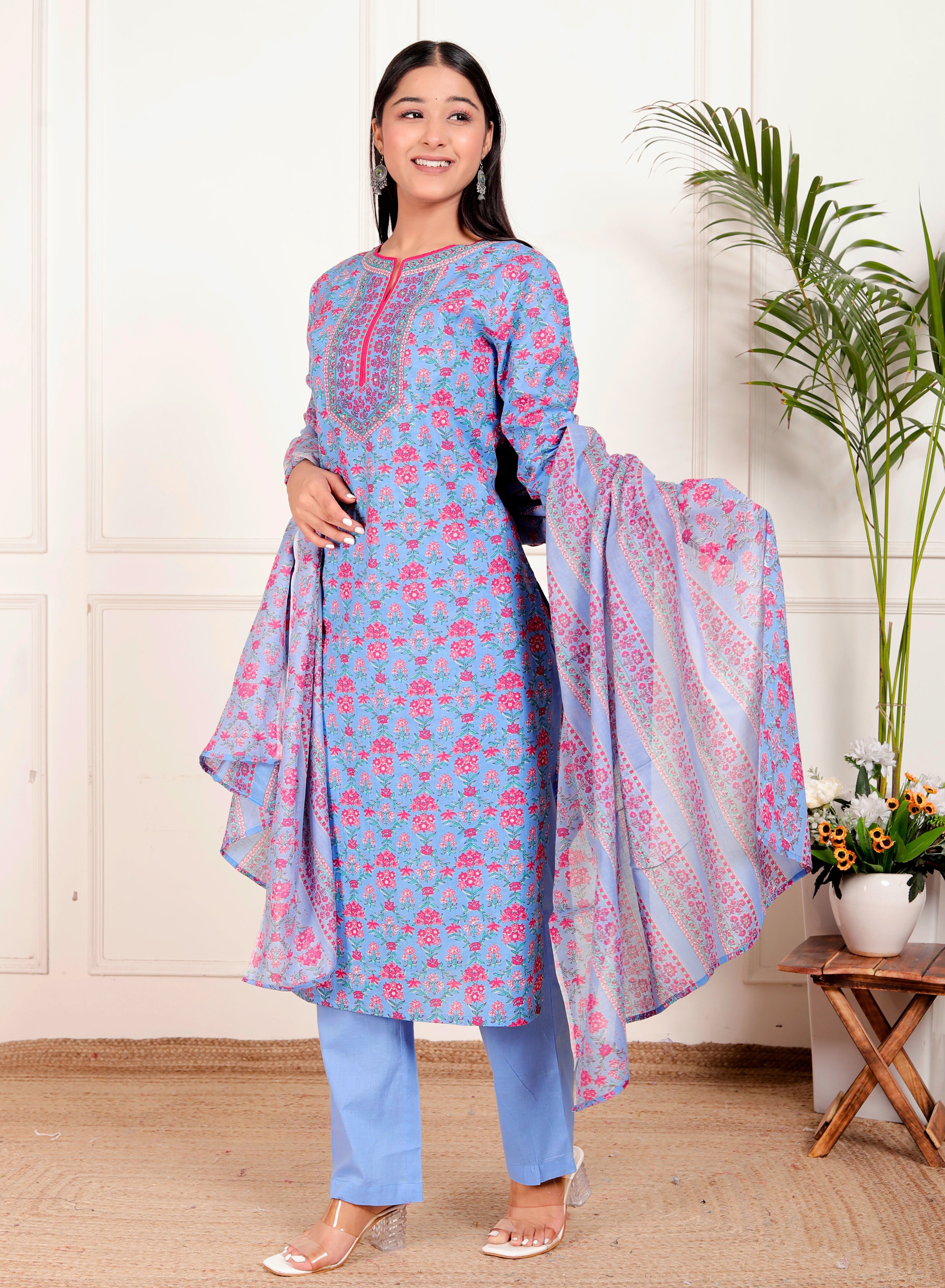 Sky Blue Cotton Kurta Pant Dupatta Set – Pink Floral Printed Ethnic Wear for Women