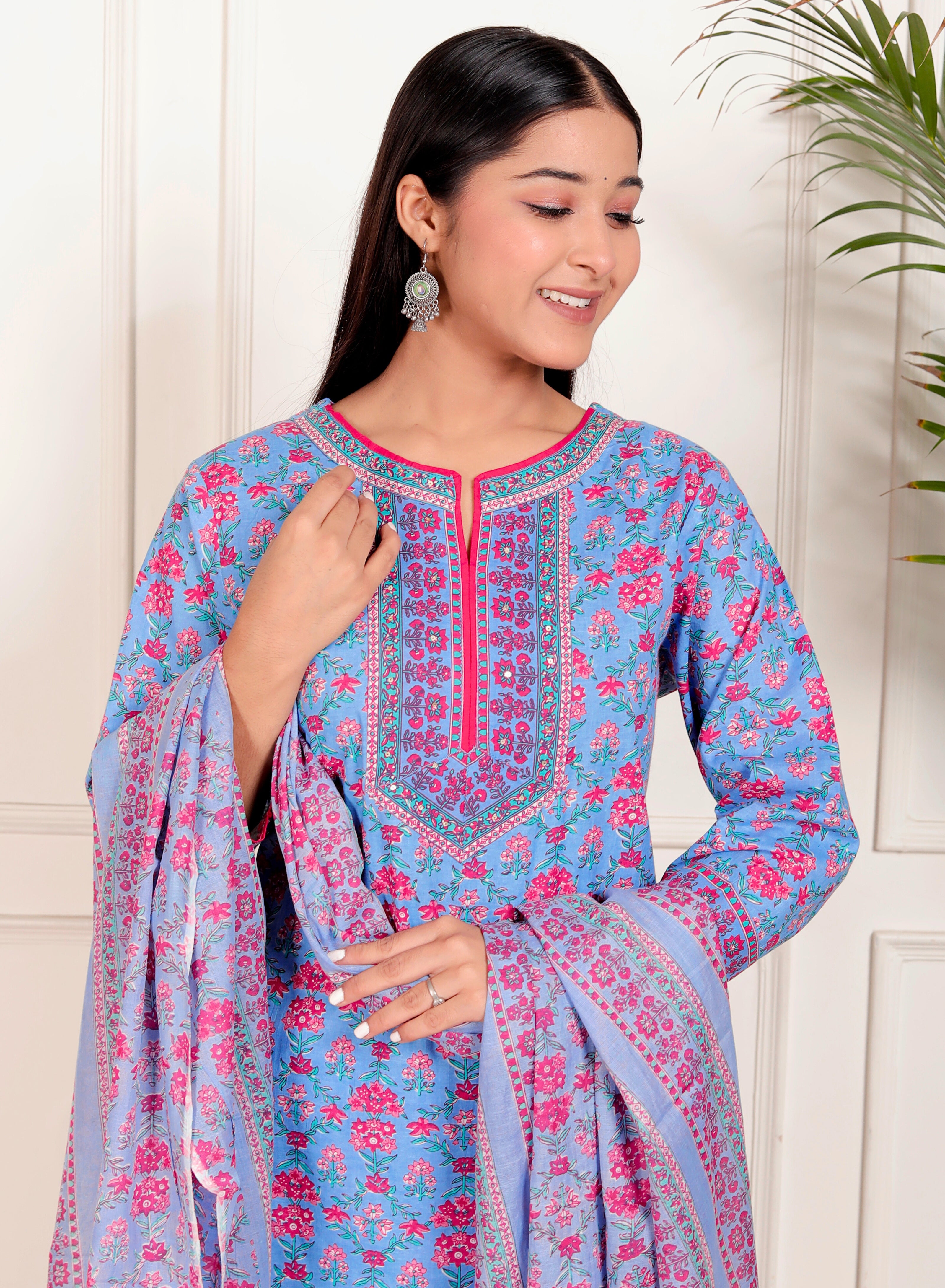 Sky Blue Cotton Kurta Pant Dupatta Set – Pink Floral Printed Ethnic Wear for Women