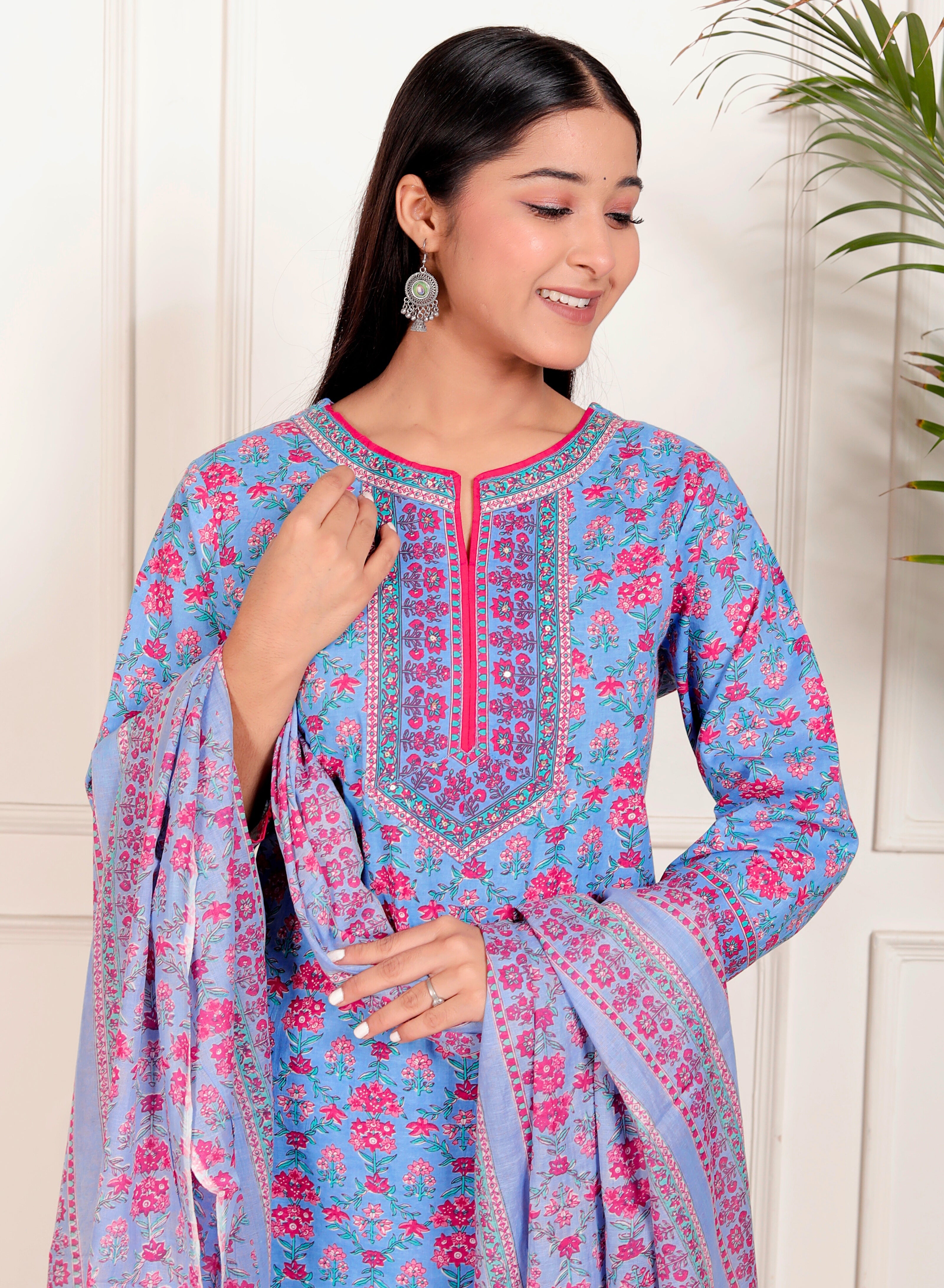 Sky Blue Cotton Kurta Pant Dupatta Set – Pink Floral Printed Ethnic Wear for Women