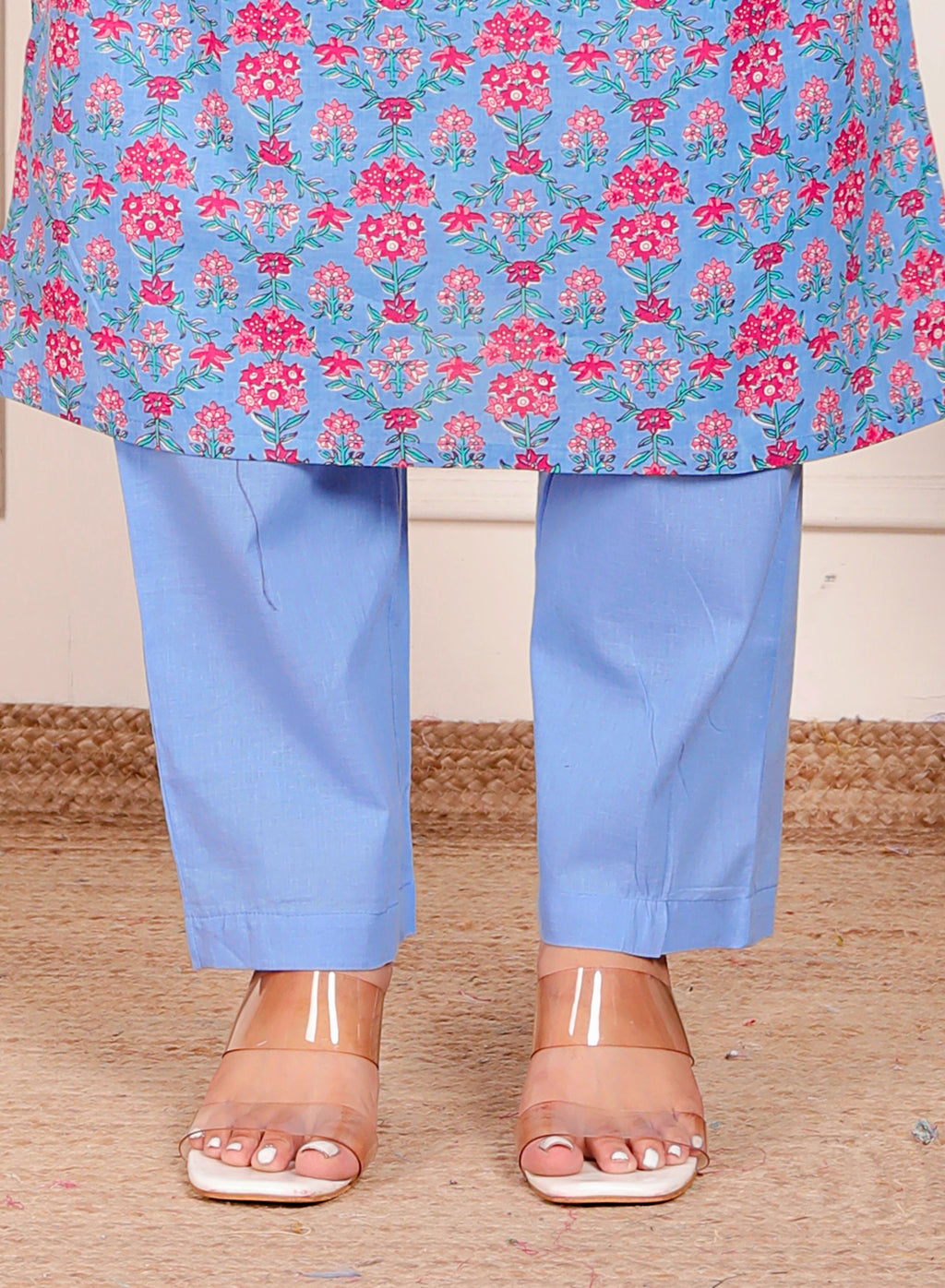 Sky Blue Cotton Kurta Pant Dupatta Set – Pink Floral Printed Ethnic Wear for Women