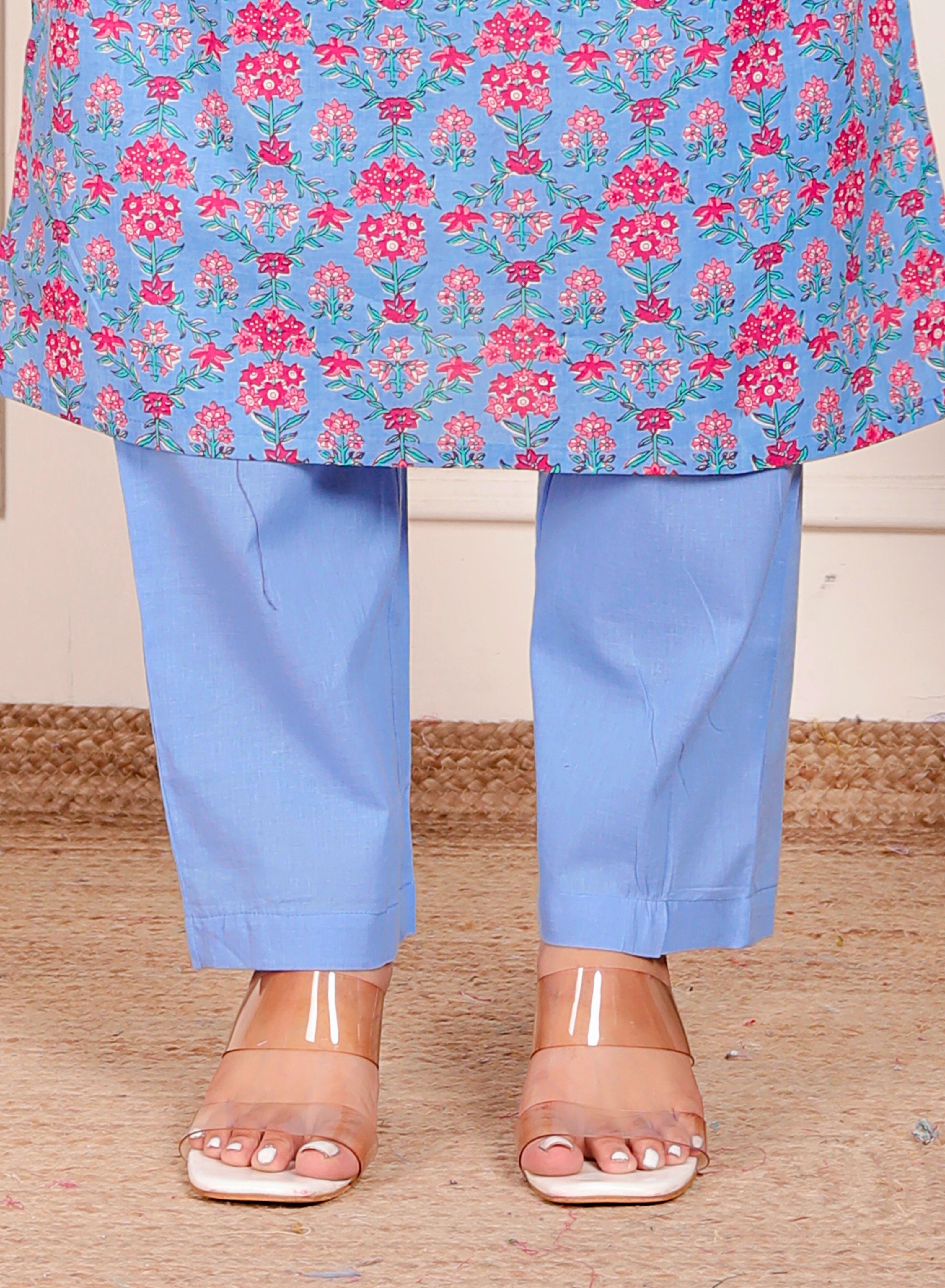 Sky Blue Cotton Kurta Pant Dupatta Set – Pink Floral Printed Ethnic Wear for Women