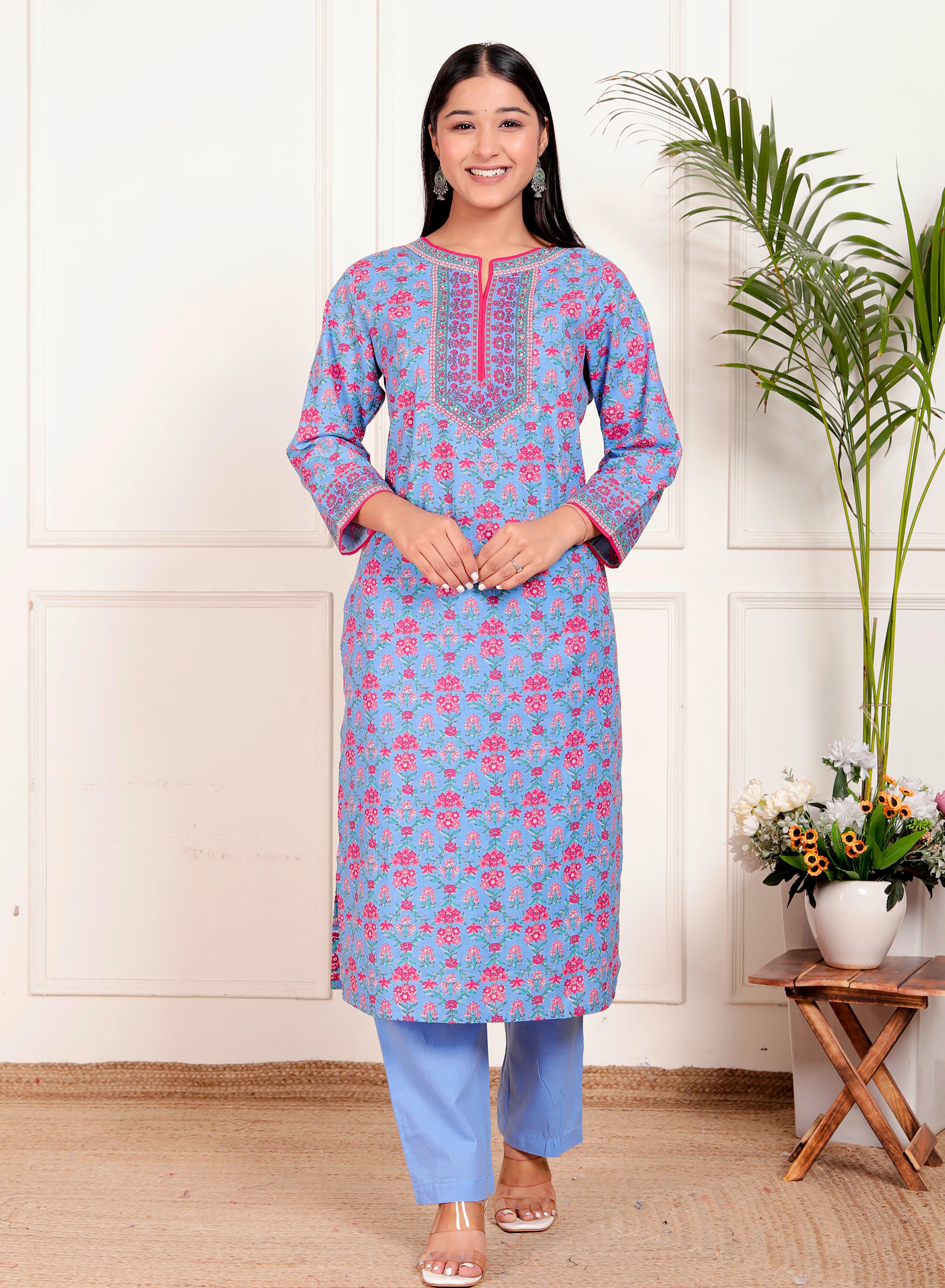 Sky Blue Cotton Kurta Pant Dupatta Set – Pink Floral Printed Ethnic Wear for Women