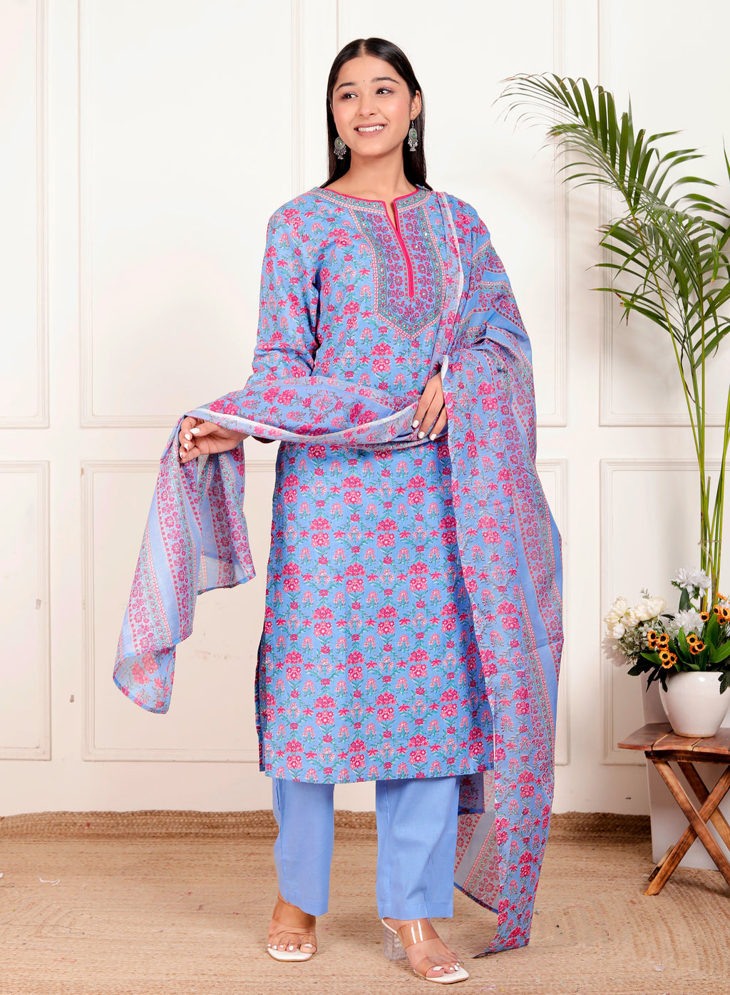Sky Blue Cotton Kurta Pant Dupatta Set – Pink Floral Printed Ethnic Wear for Women