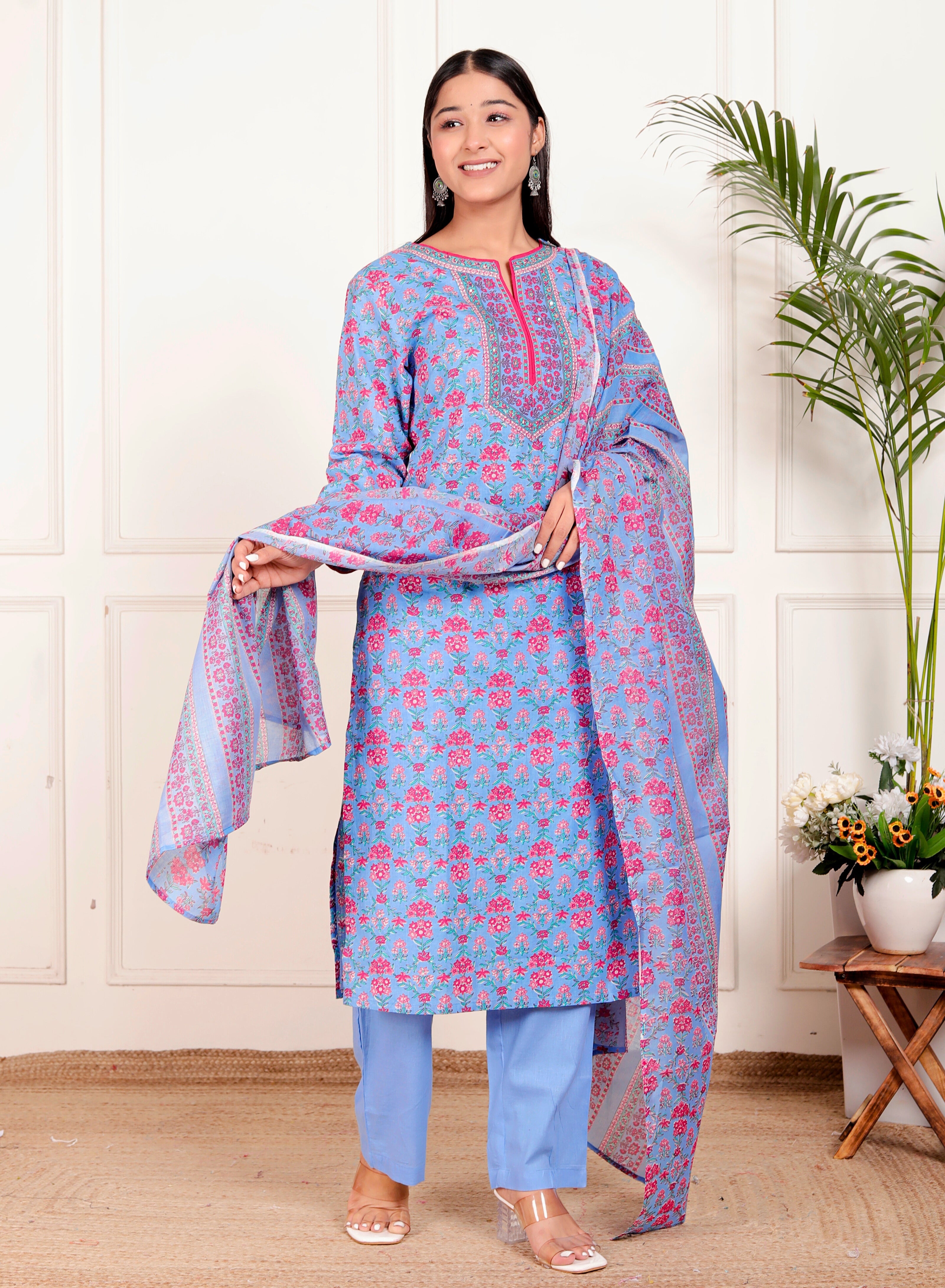 Sky Blue Cotton Kurta Pant Dupatta Set – Pink Floral Printed Ethnic Wear for Women