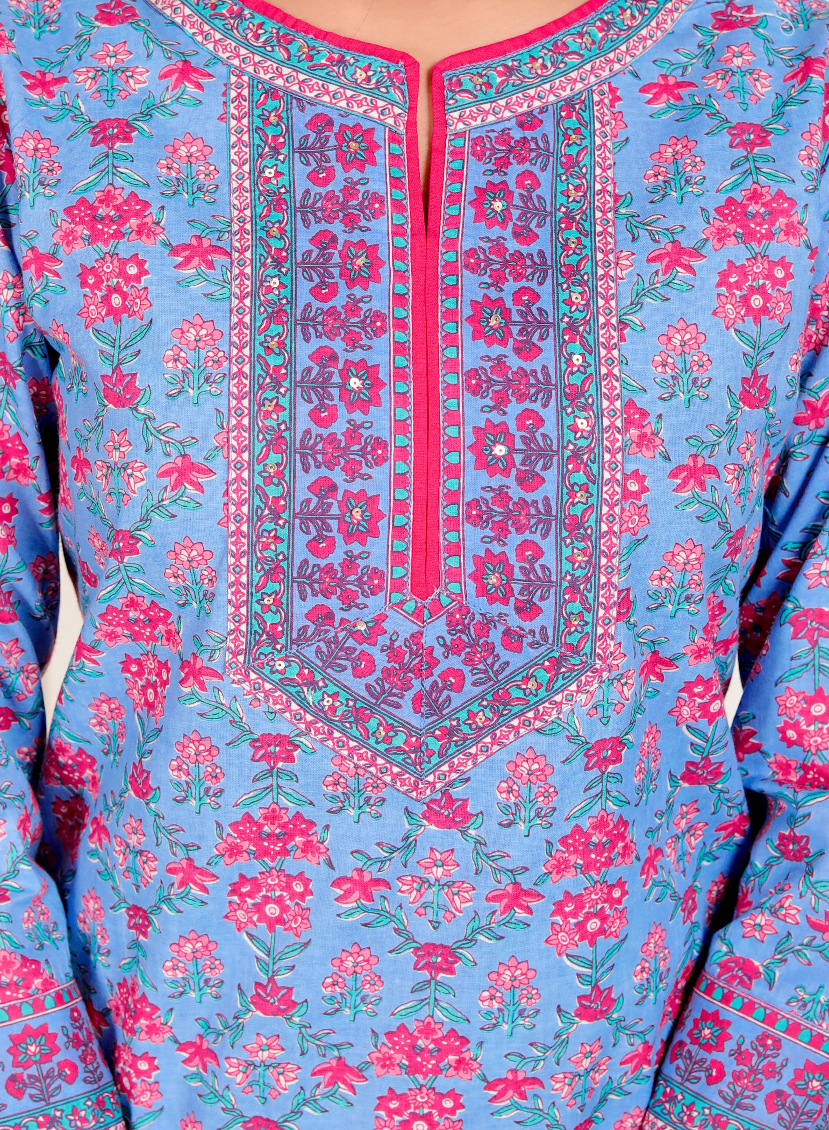 Sky Blue Cotton Kurta Pant Dupatta Set – Pink Floral Printed Ethnic Wear for Women