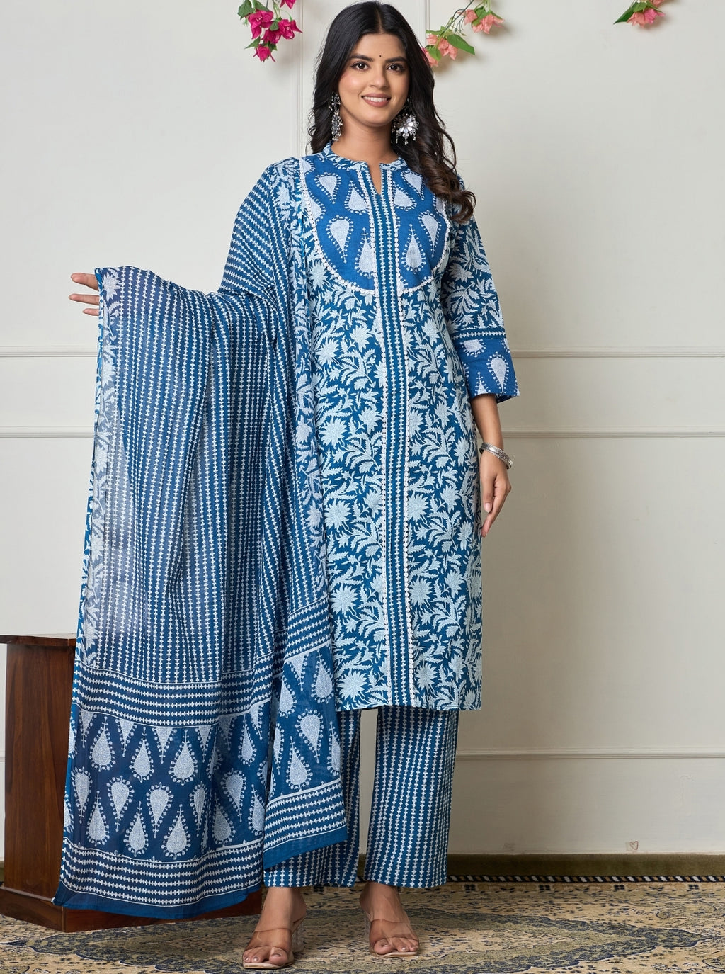 Elegant Indigo Handblock Printed Cotton Kurta Set with Dupatta