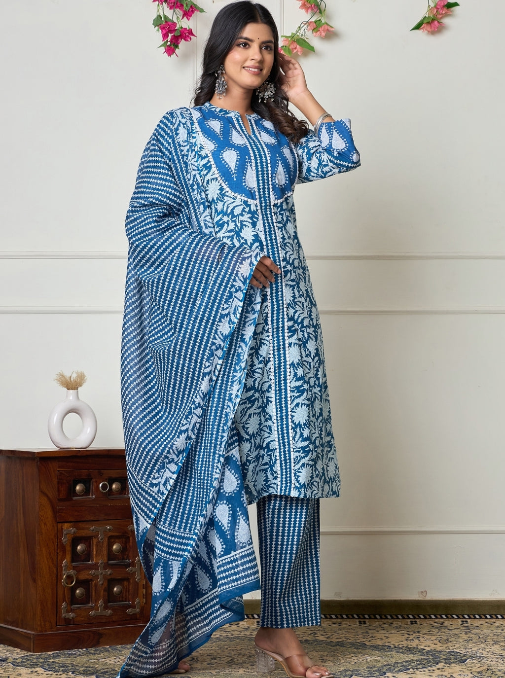Elegant Indigo Handblock Printed Cotton Kurta Set with Dupatta