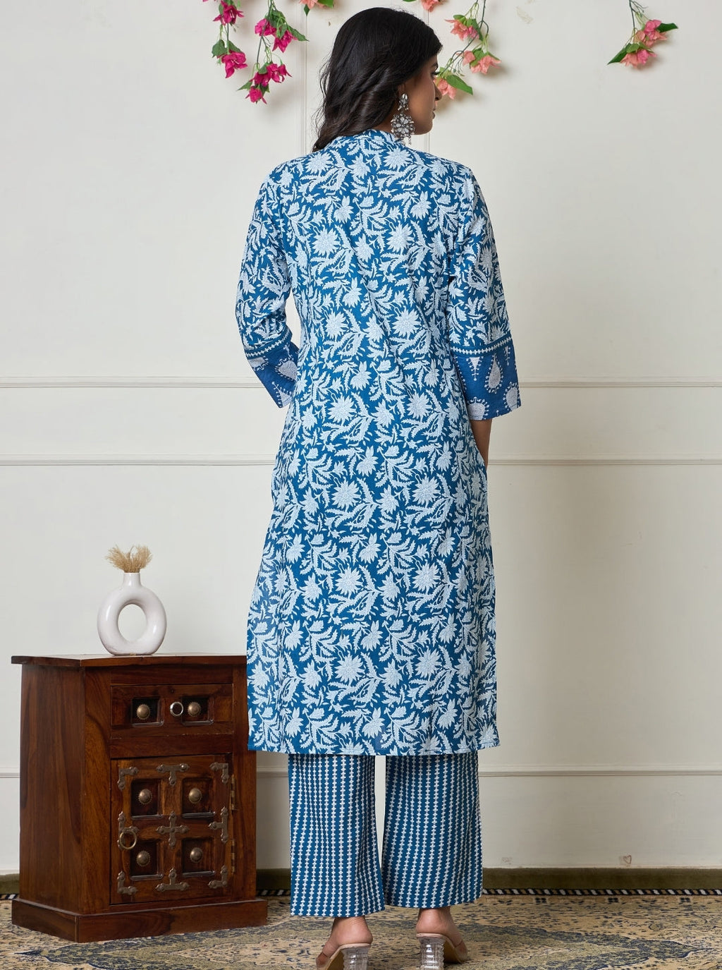 Elegant Indigo Handblock Printed Cotton Kurta Set with Dupatta