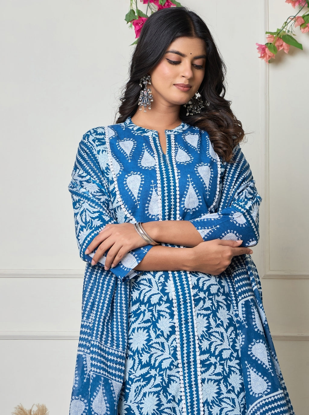 Elegant Indigo Handblock Printed Cotton Kurta Set with Dupatta