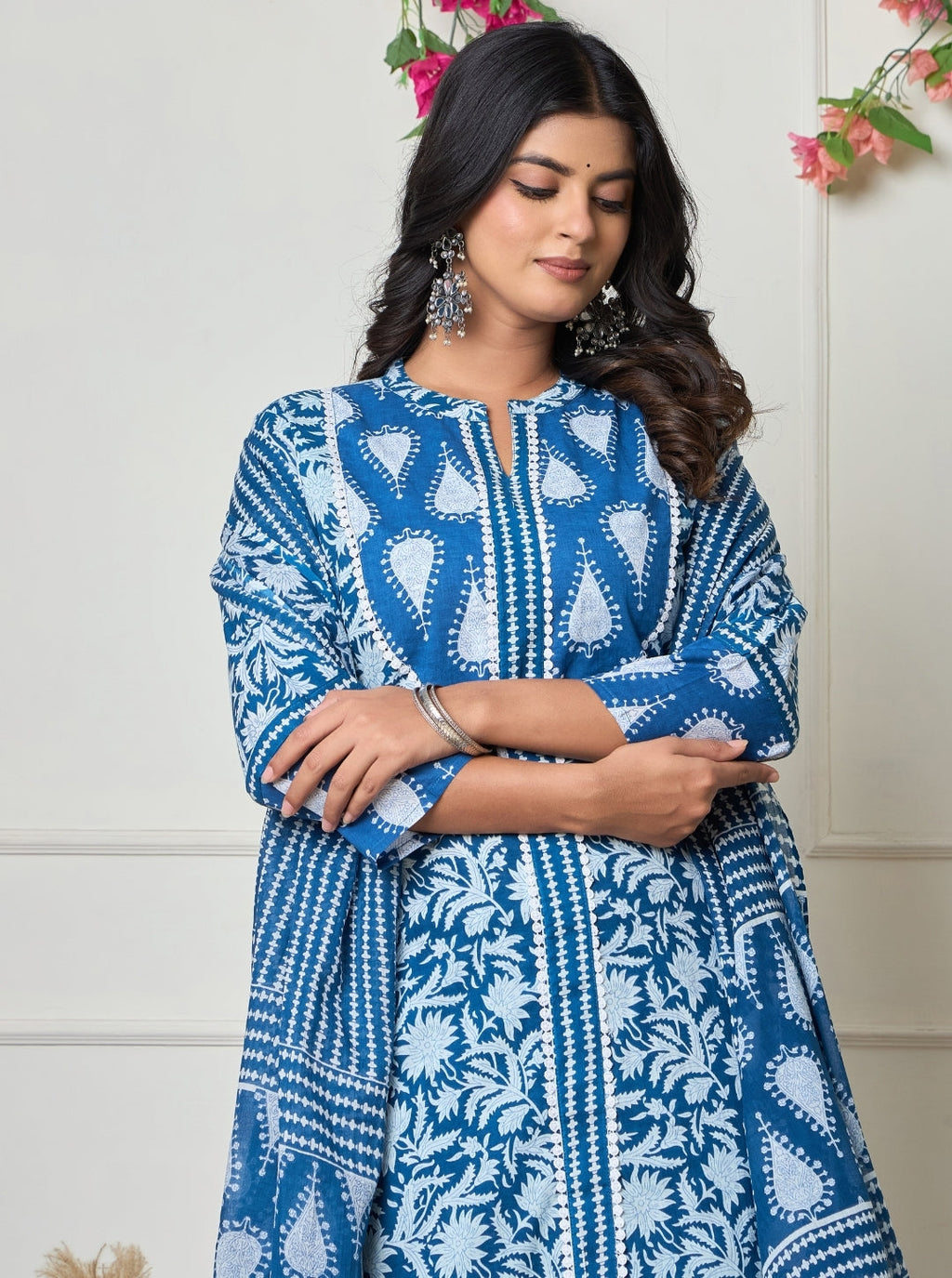 Elegant Indigo Handblock Printed Cotton Kurta Set with Dupatta