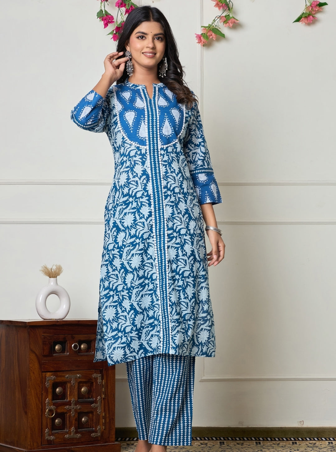 Elegant Indigo Handblock Printed Cotton Kurta Set with Dupatta