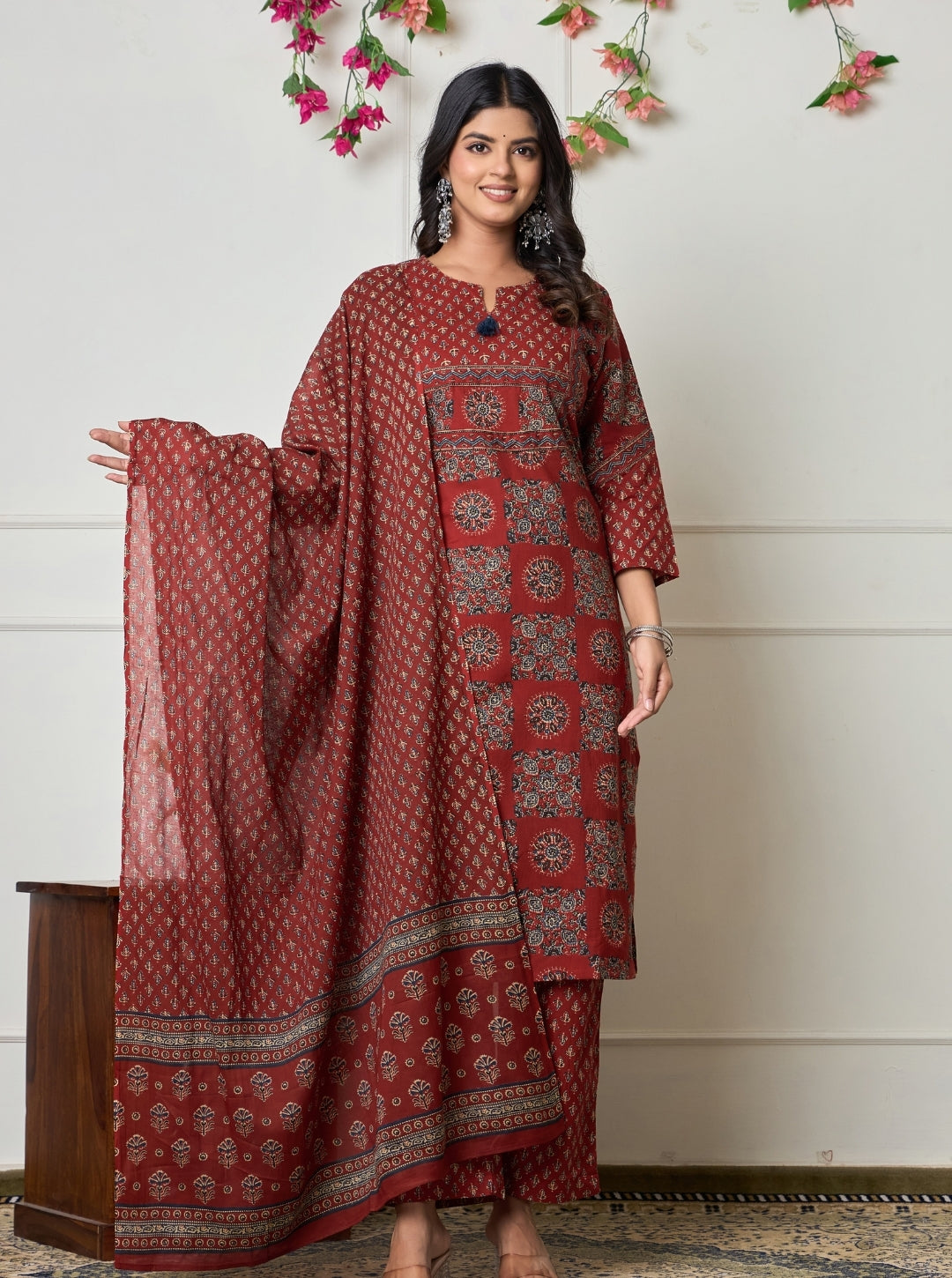 Maroon Ethnic Printed Cotton Kurta Set with Dupatta