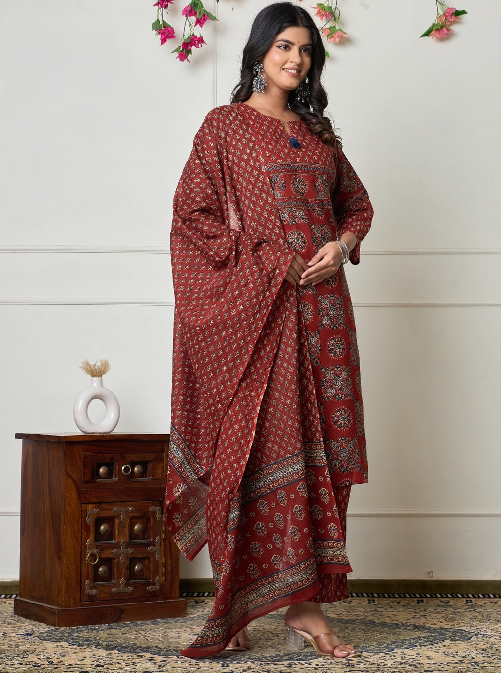 Maroon Ethnic Printed Cotton Kurta Set with Dupatta