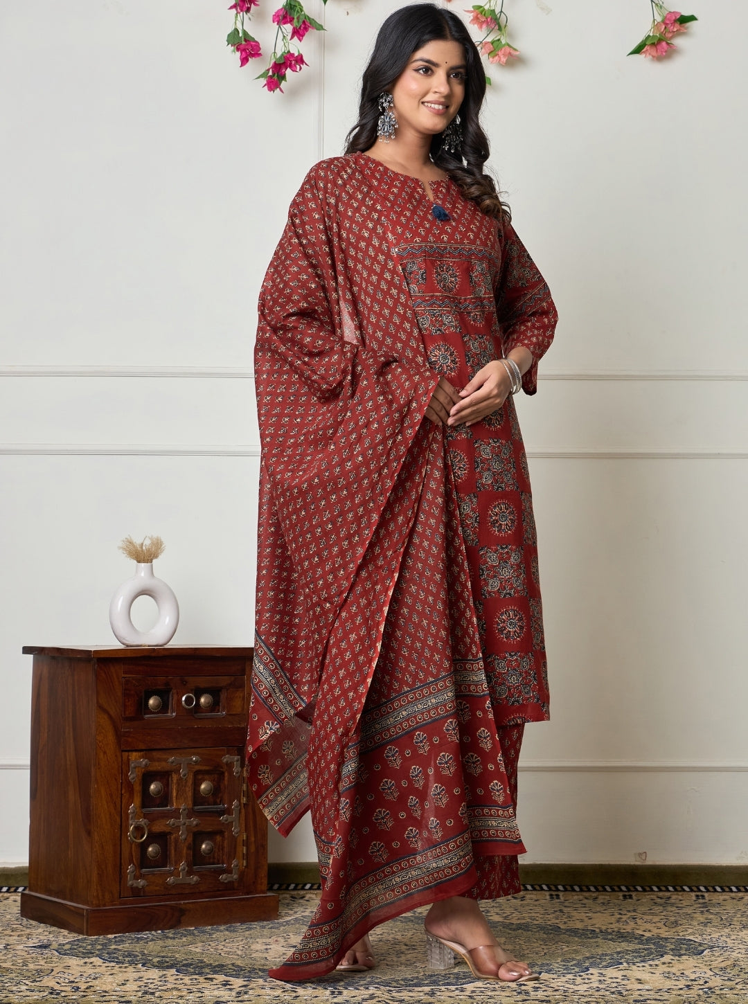 Maroon Ethnic Printed Cotton Kurta Set with Dupatta