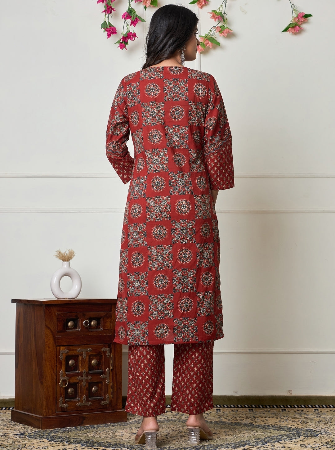 Maroon Ethnic Printed Cotton Kurta Set with Dupatta