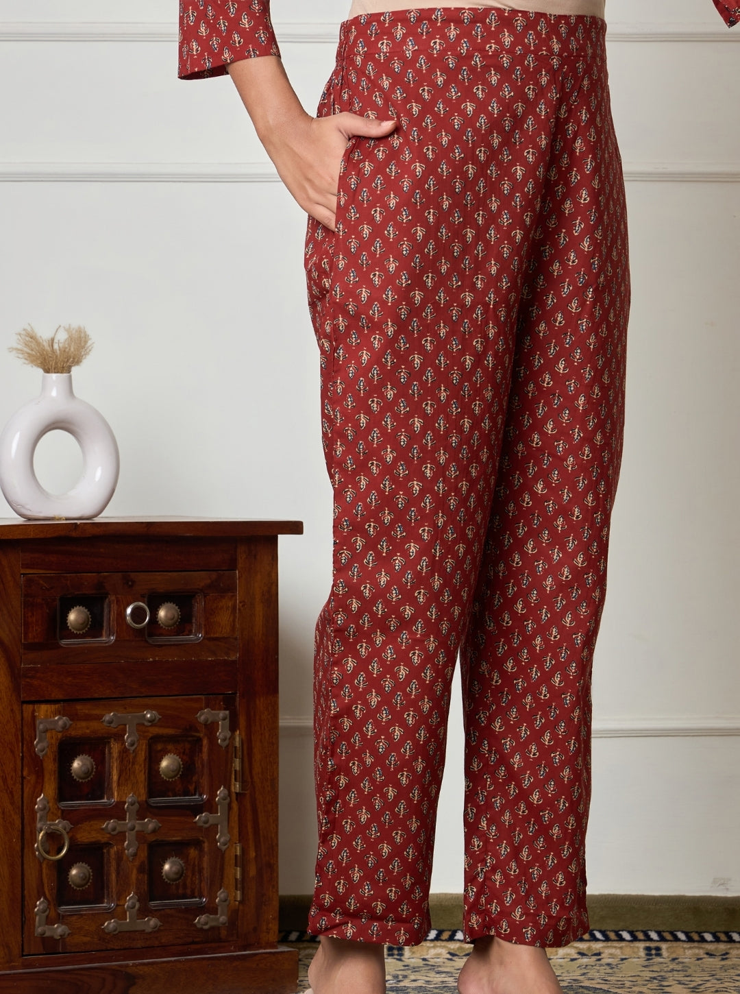 Maroon Ethnic Printed Cotton Kurta Set with Dupatta