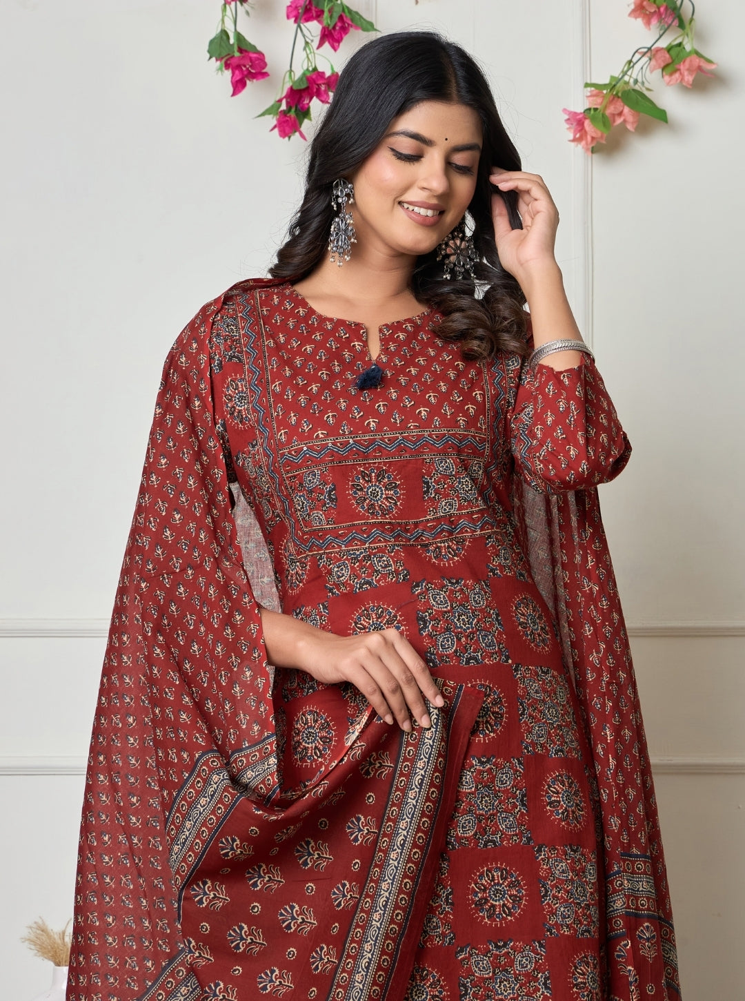 Maroon Ethnic Printed Cotton Kurta Set with Dupatta