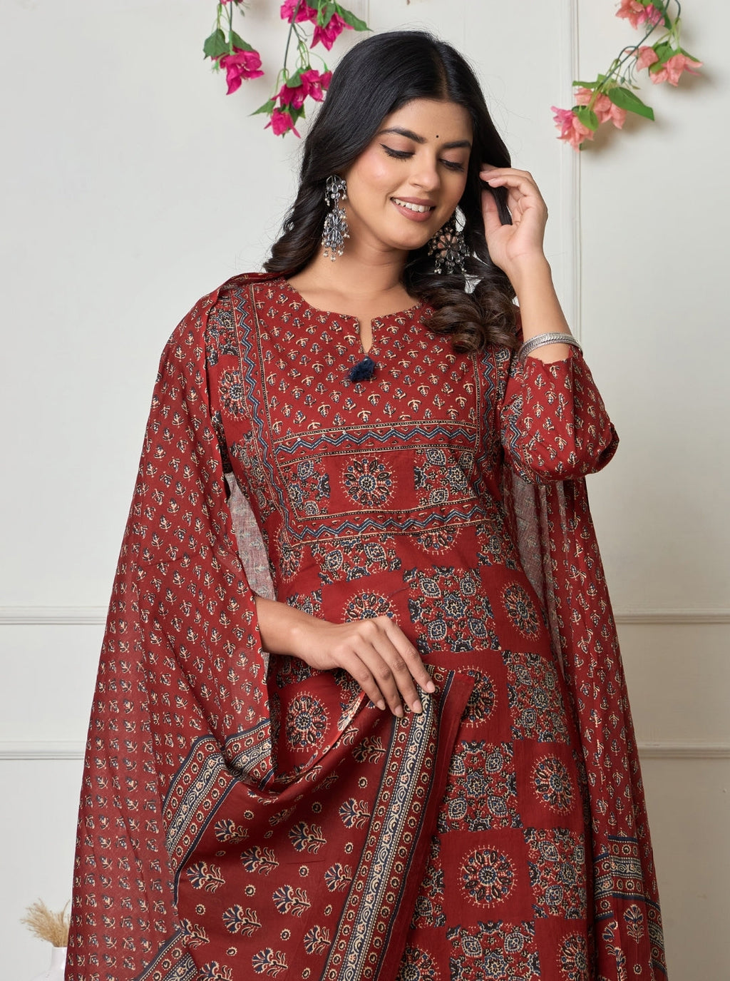 Maroon Ethnic Printed Cotton Kurta Set with Dupatta