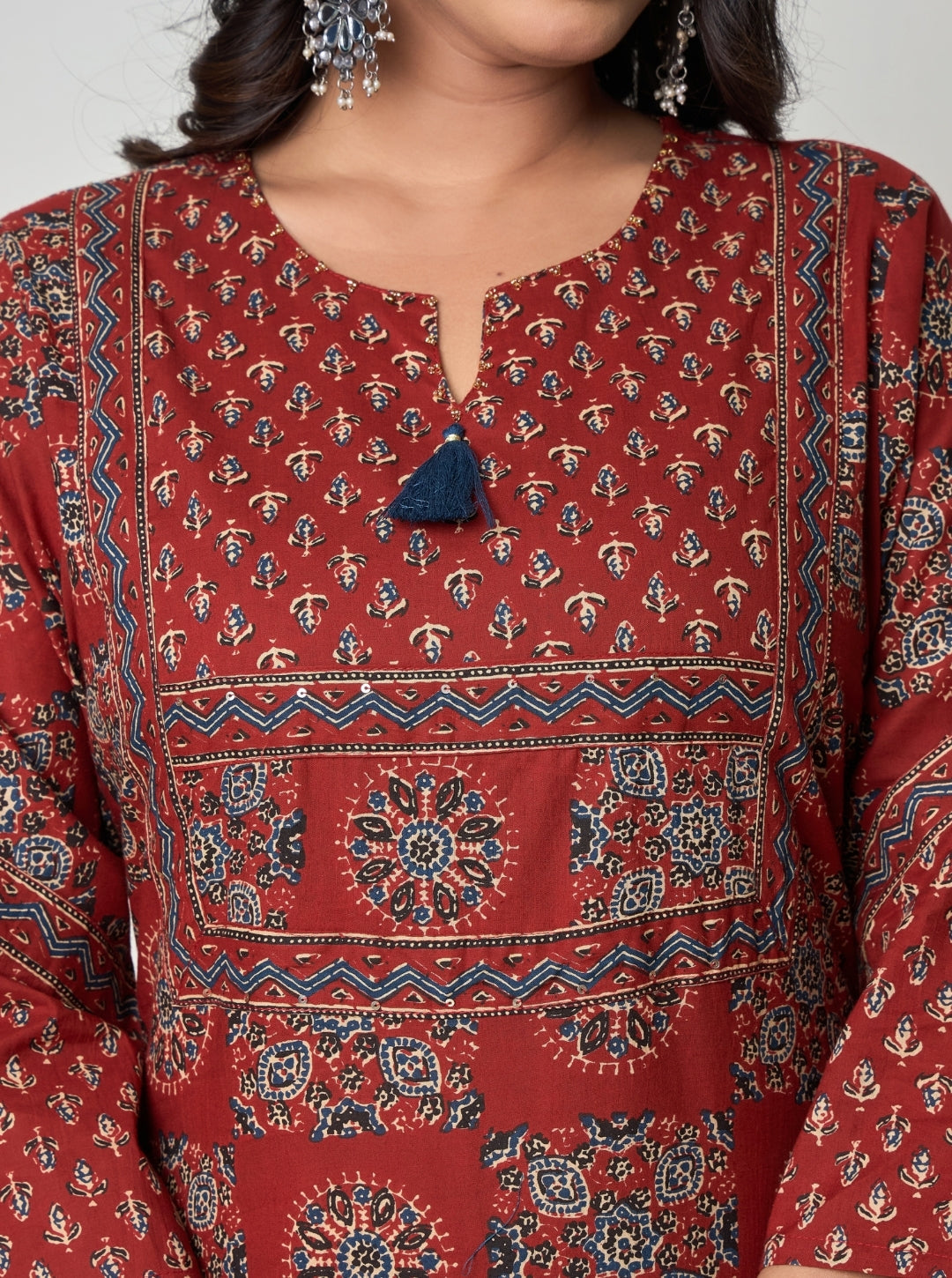 Maroon Ethnic Printed Cotton Kurta Set with Dupatta