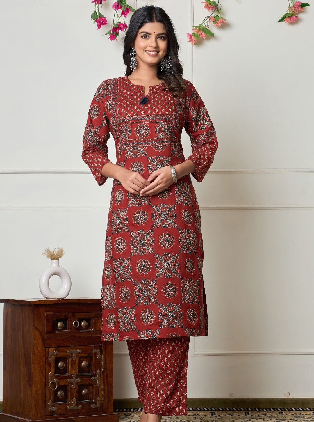 Maroon Ethnic Printed Cotton Kurta Set with Dupatta