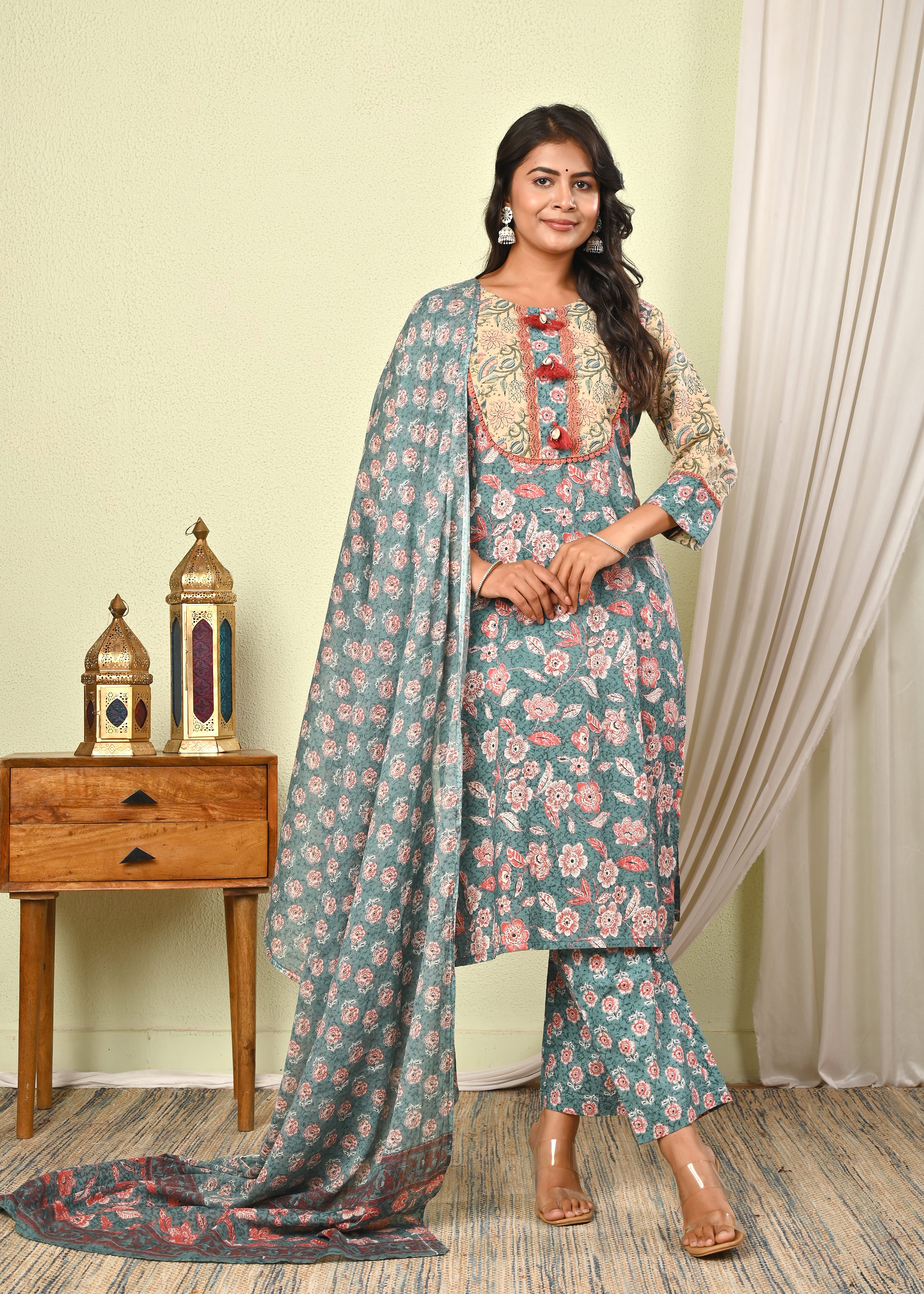 Women’s Cotton Printed Kurta Set with Pant & Dupatta - (1383)