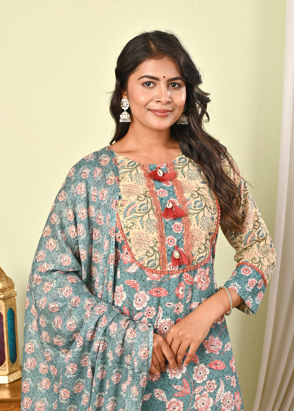 Women’s Cotton Printed Kurta Set with Pant & Dupatta - (1383)