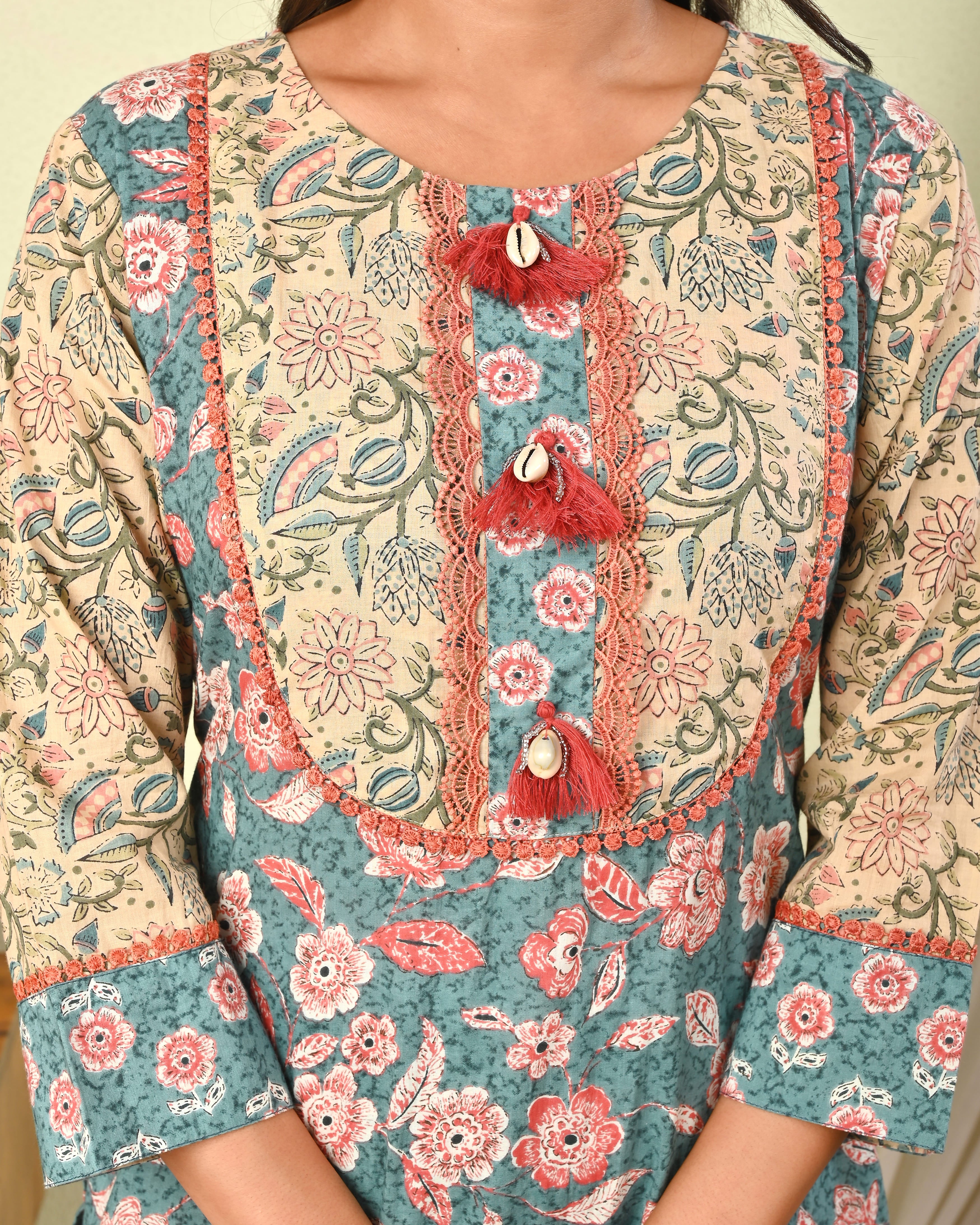 Women’s Cotton Printed Kurta Set with Pant & Dupatta - (1383)