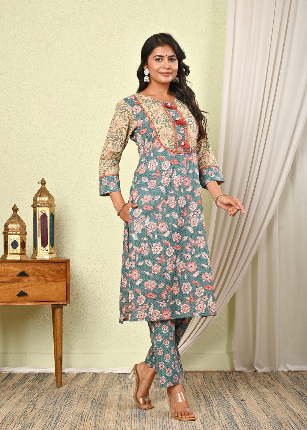 Women’s Cotton Printed Kurta Set with Pant & Dupatta - (1383)