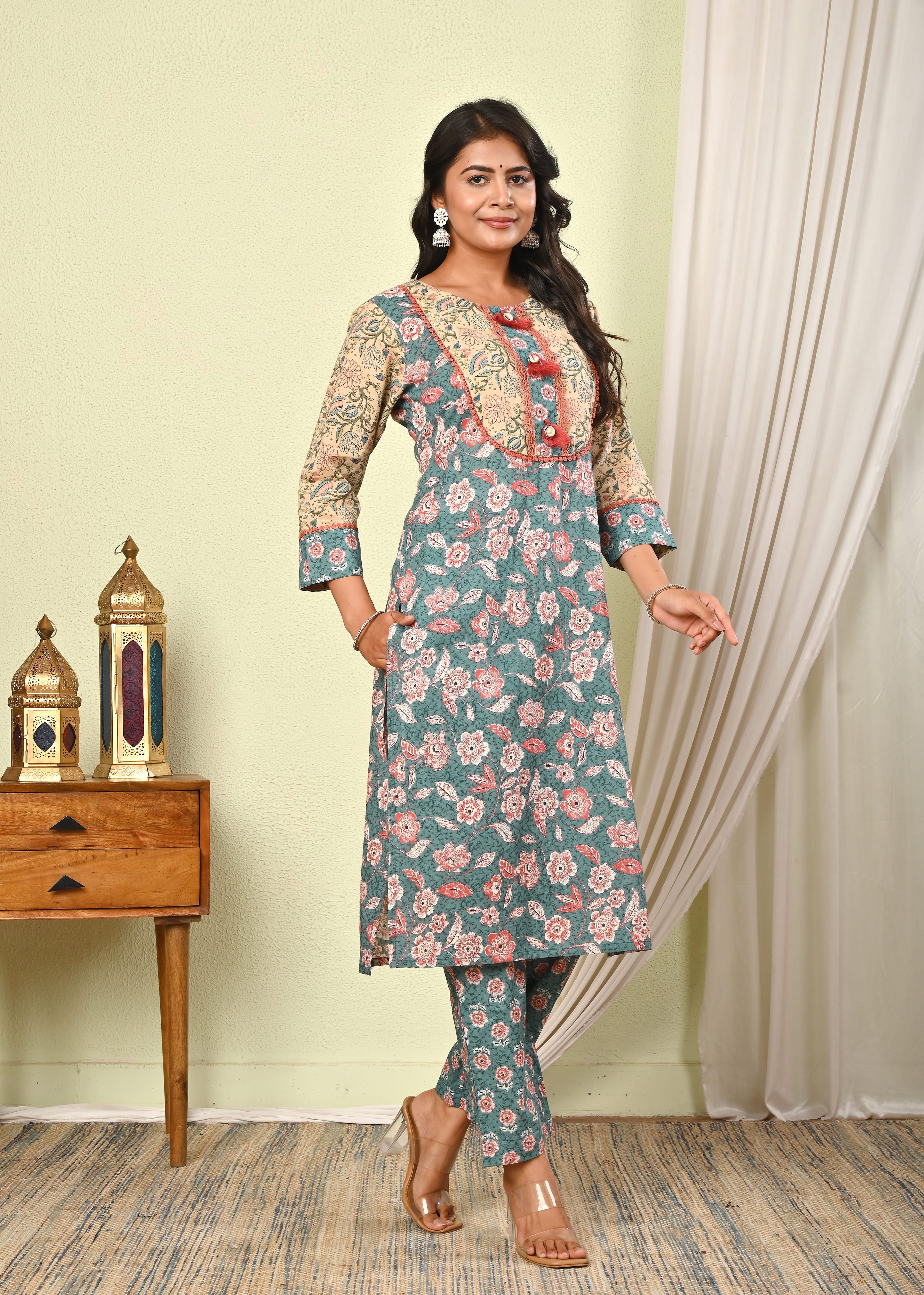 Women’s Cotton Printed Kurta Set with Pant & Dupatta - (1383)