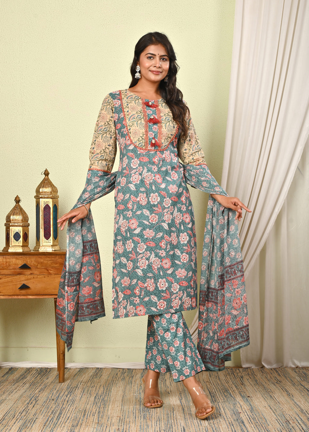 Women’s Cotton Printed Kurta Set with Pant & Dupatta - (1383)