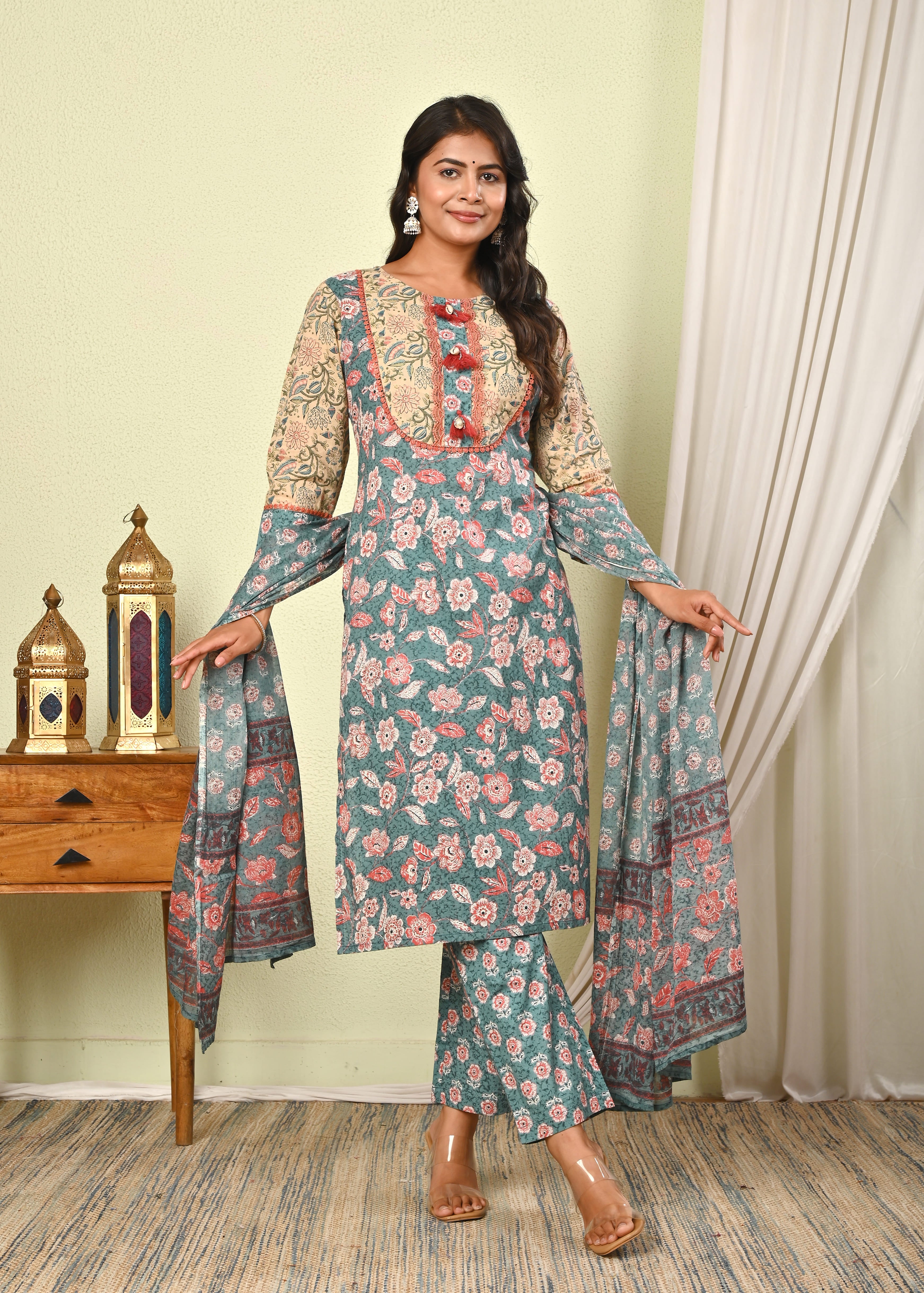 Women’s Cotton Printed Kurta Set with Pant & Dupatta - (1383)