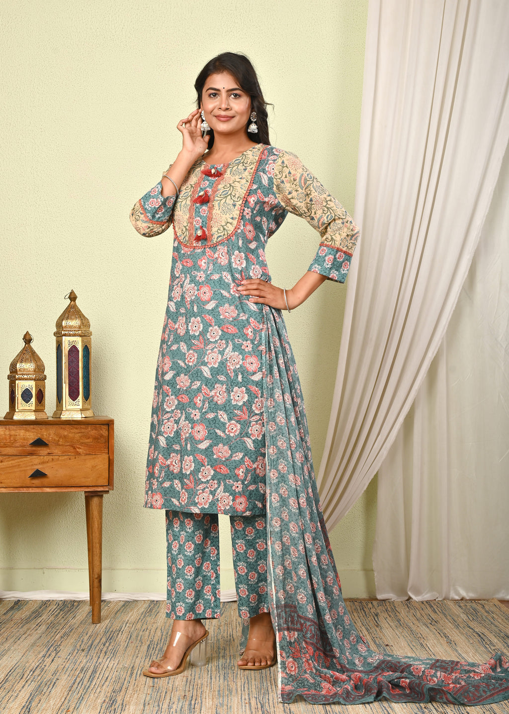 Women’s Cotton Printed Kurta Set with Pant & Dupatta - (1383)