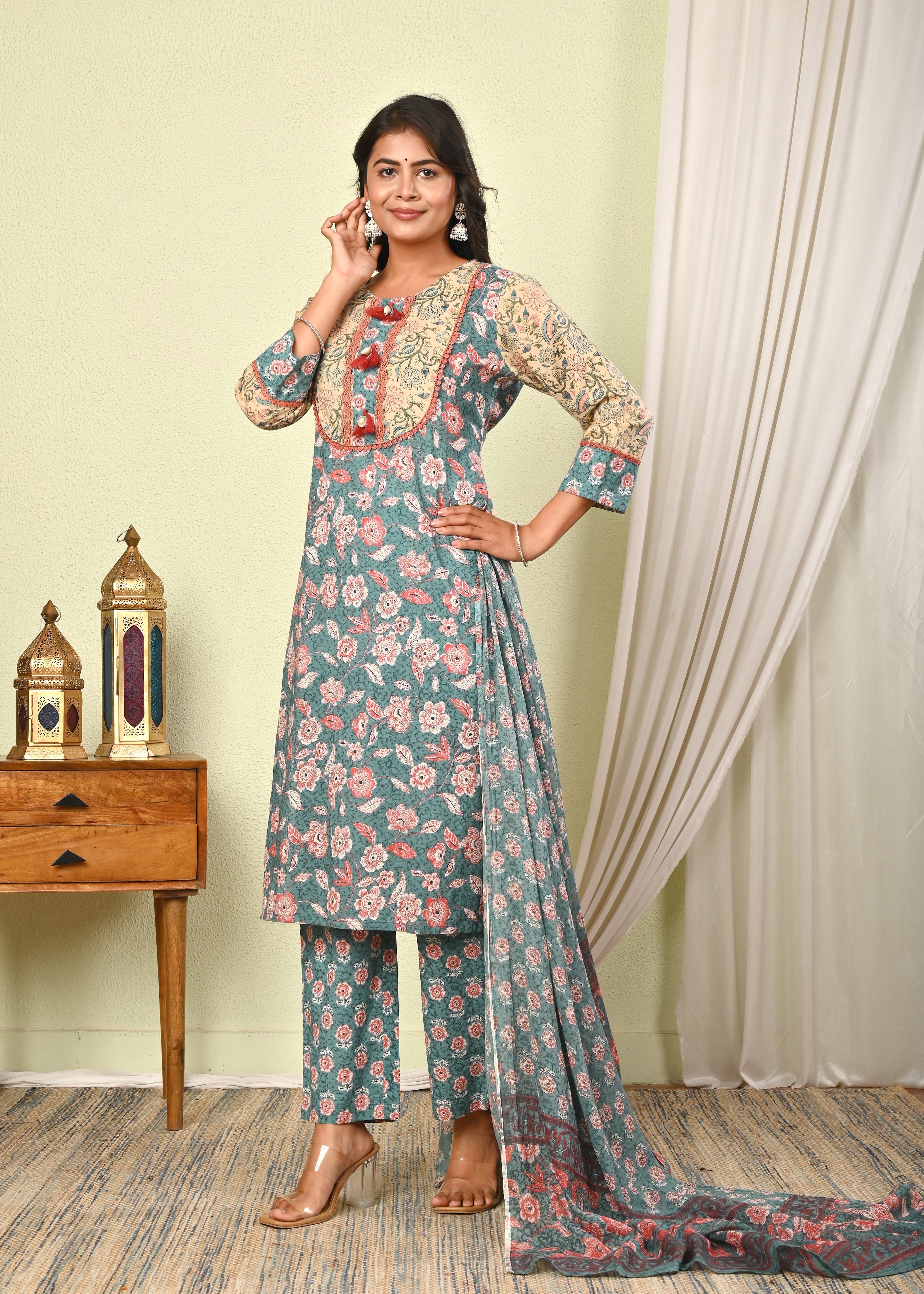 Women’s Cotton Printed Kurta Set with Pant & Dupatta - (1383)