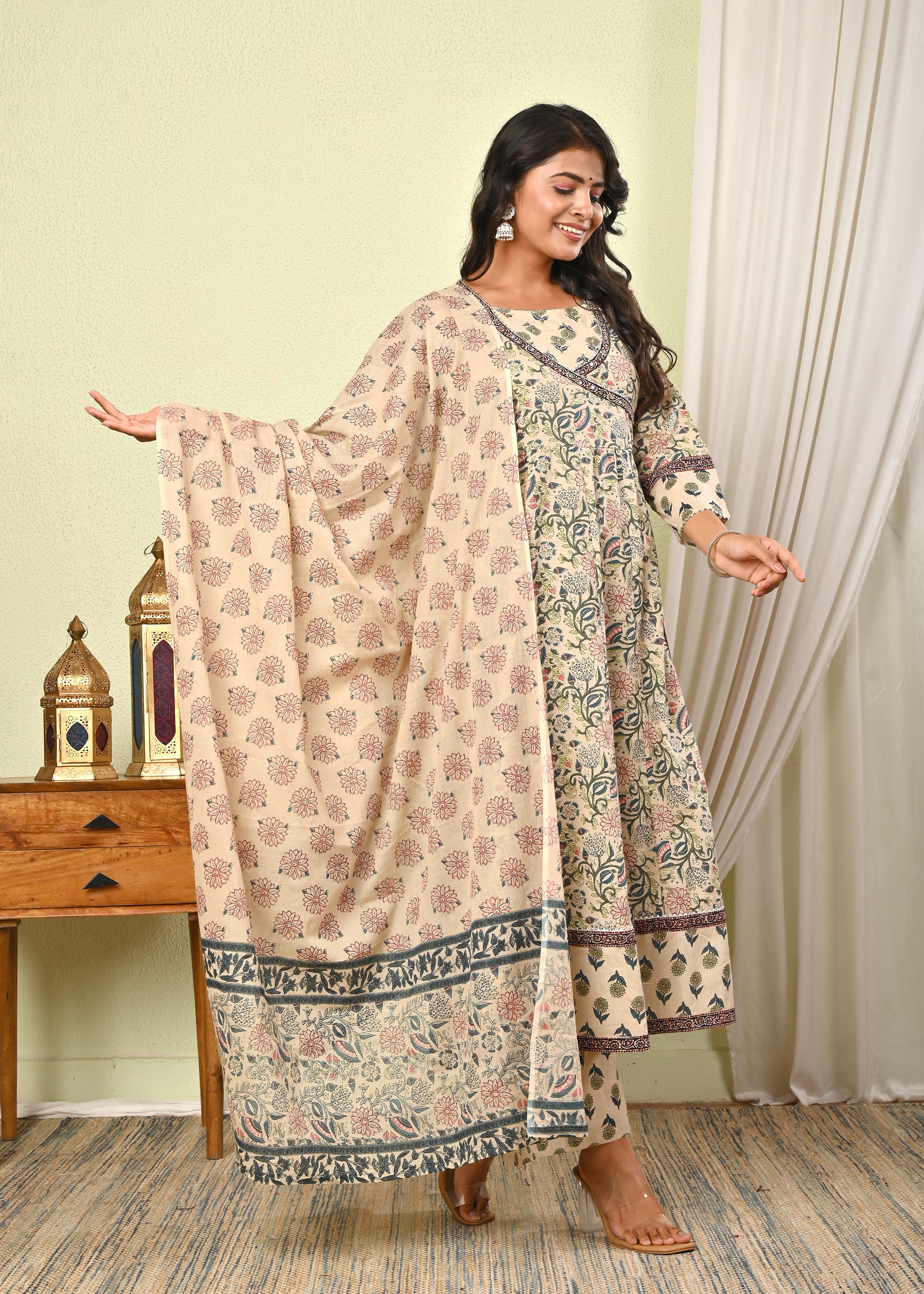 Women’s Cotton Anarkali Kurta Set with Pant & Dupatta - (1390)