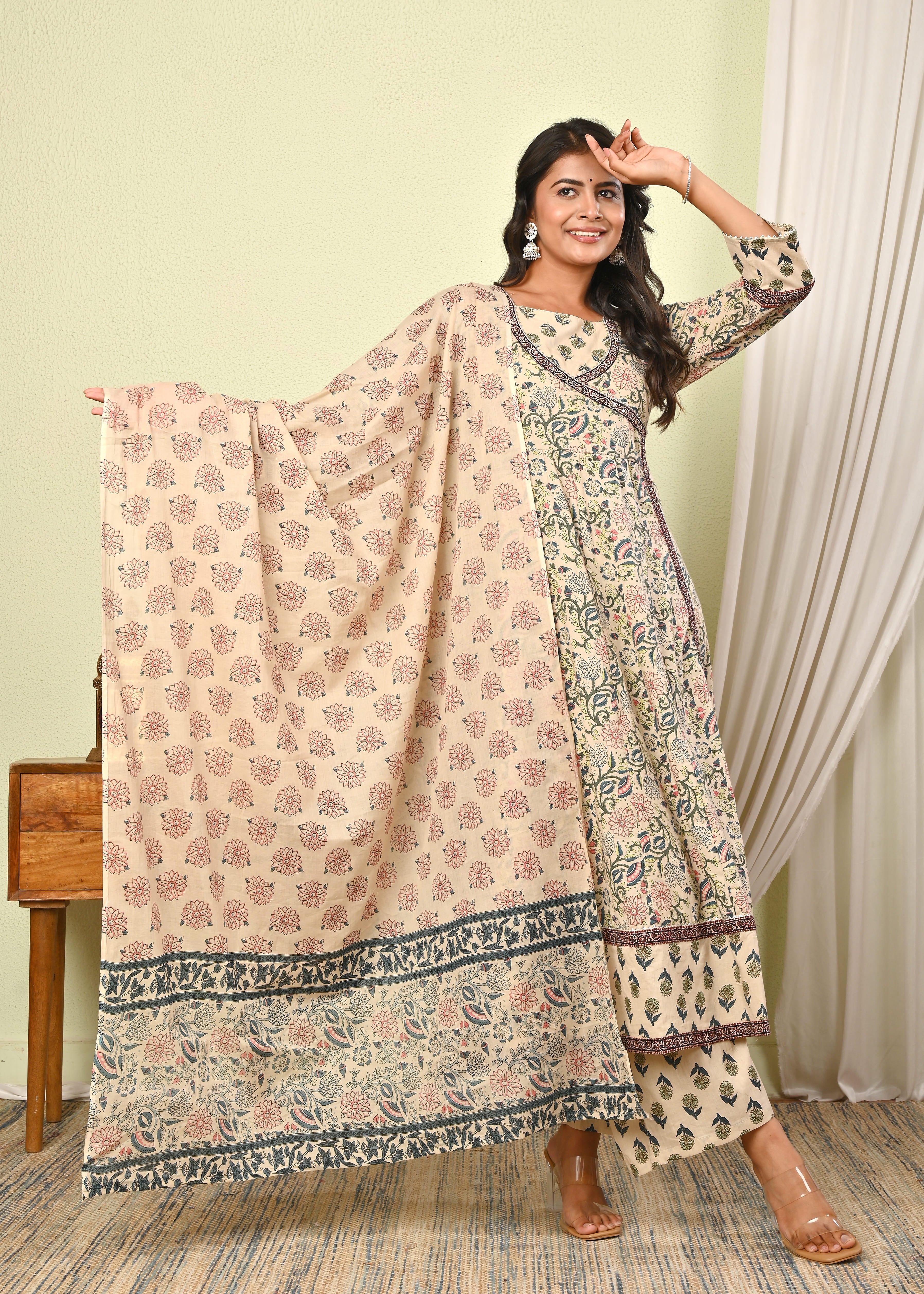 Women’s Cotton Anarkali Kurta Set with Pant & Dupatta - (1390)