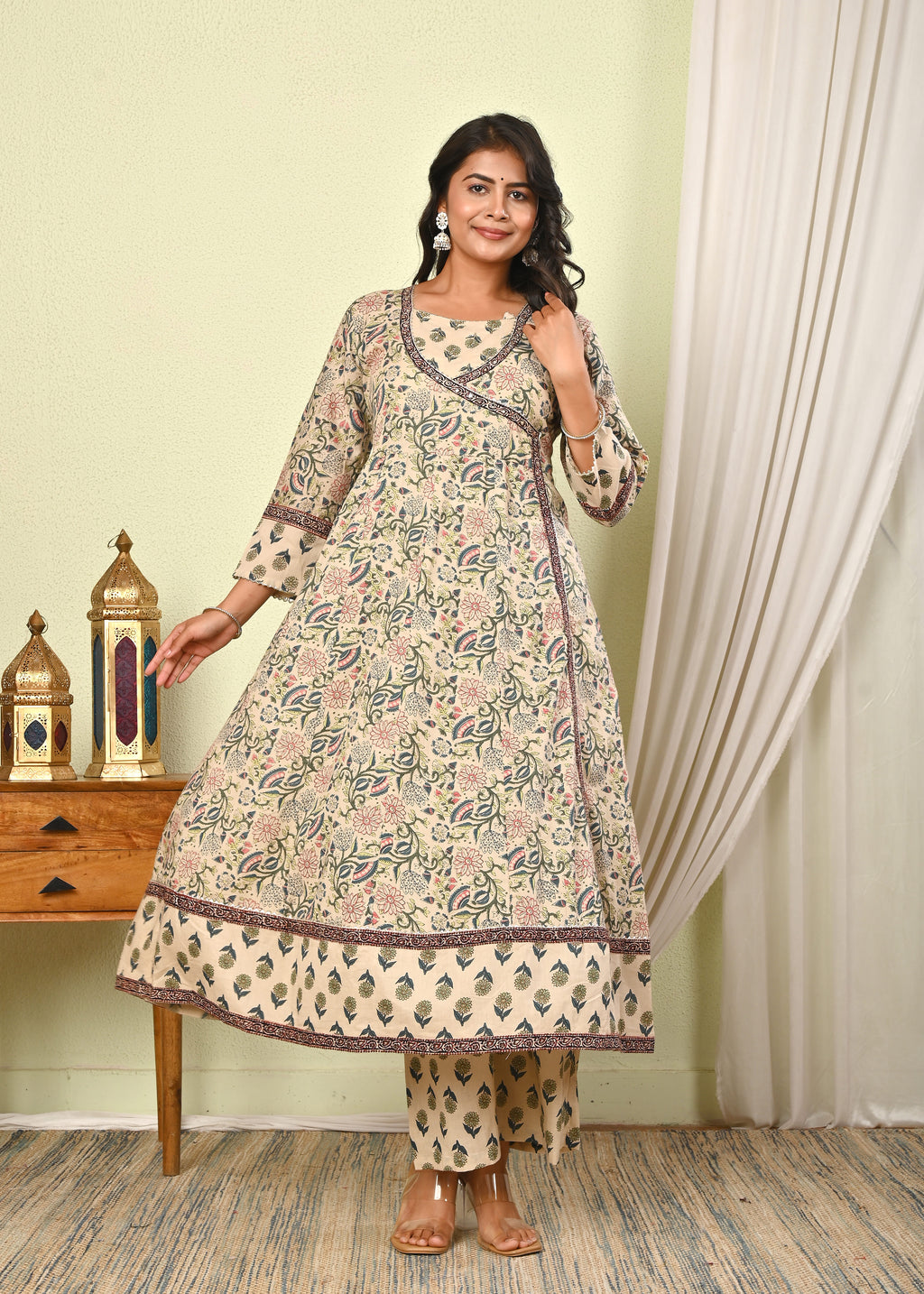 Women’s Cotton Anarkali Kurta Set with Pant & Dupatta - (1390)