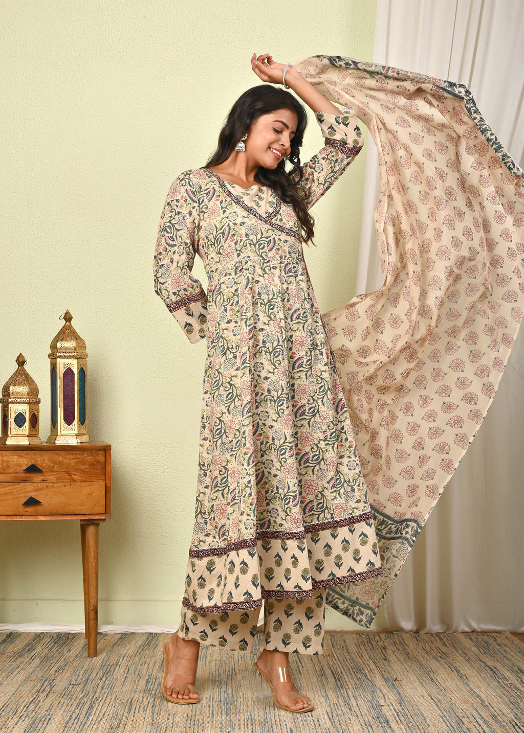 Women’s Cotton Anarkali Kurta Set with Pant & Dupatta - (1390)