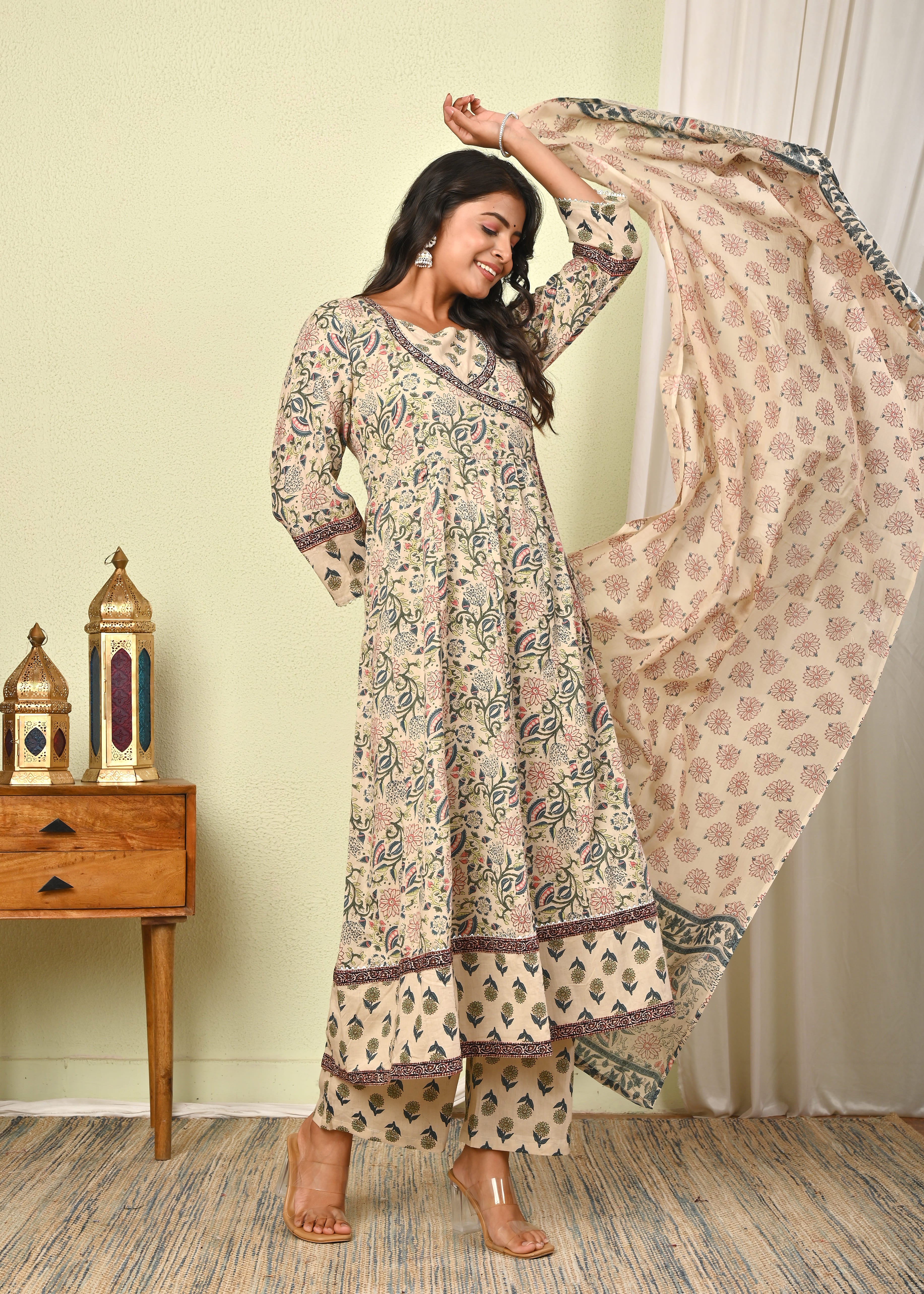 Women’s Cotton Anarkali Kurta Set with Pant & Dupatta - (1390)